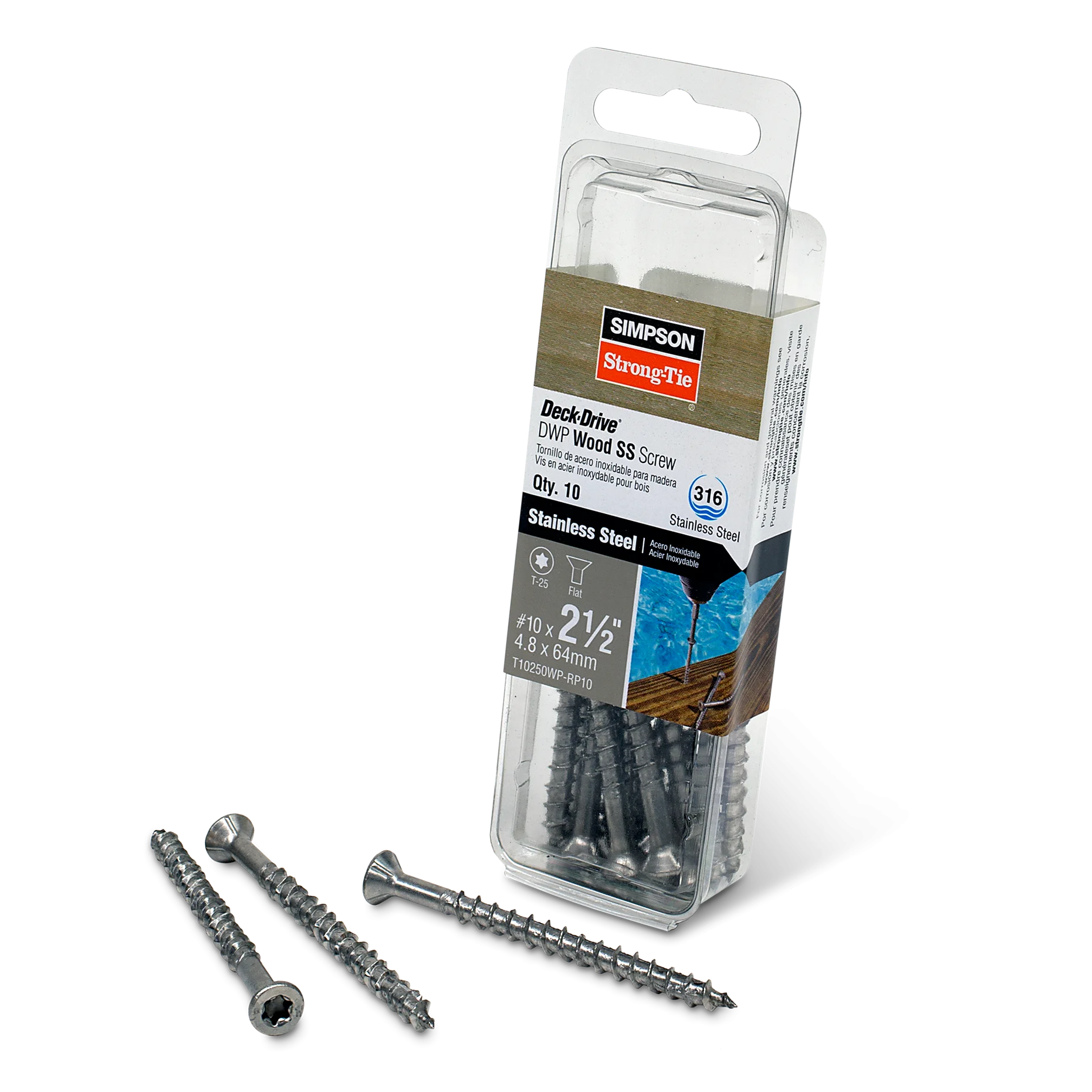 Simpson T10250WP-RP10 Deck-Drive DWP WOOD SS Screw — #10 x 2-1/2 in. T25, Flat Head, Type 316 (10-Qty)