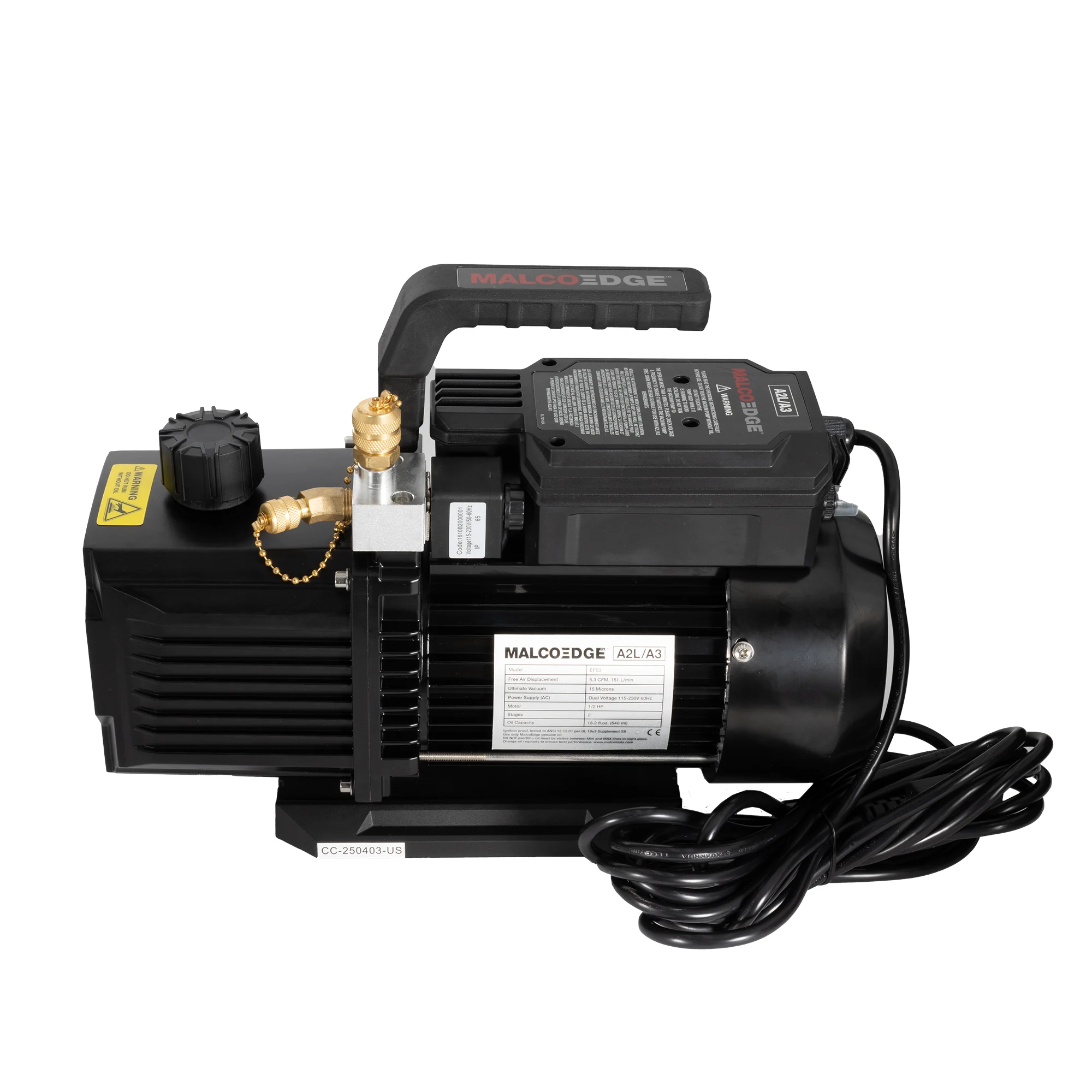 MalcoEdge EF53 Elite Flow Vacuum Pump – 5.3 CFM High-Performance HVAC Vacuum Pump for Standard and A2L/A3 Refrigerants – AC & Refrigeration Systems