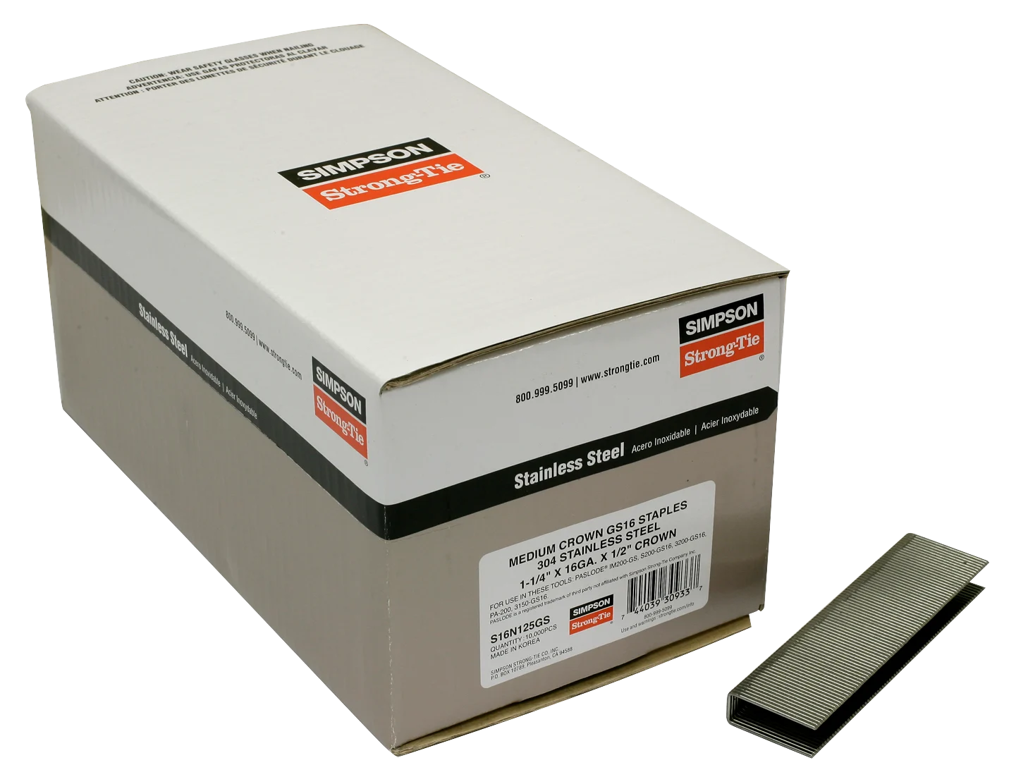 Simpson S16N125GS 1/2-in. Crown, 16-Gauge Staples — 1-1/4 in. Type 304 Stainless Steel (10,000-Qty)