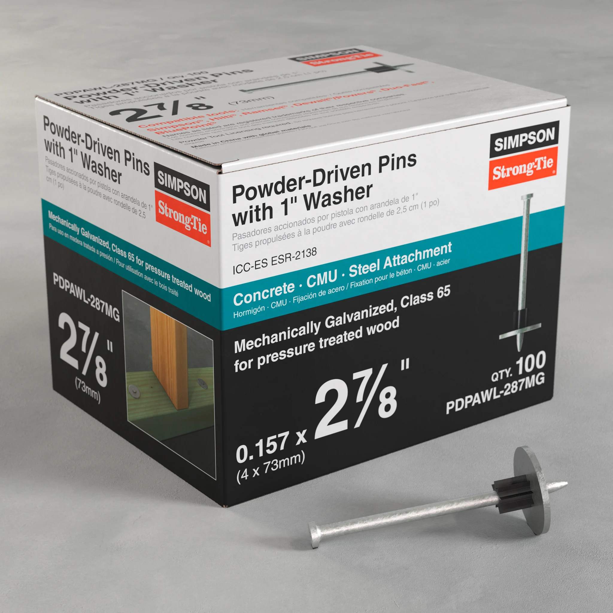 Simpson PDPAWL-287MG PDPAWL .157 in. x 2-7/8 in. Mechanically Galvanized Powder-Actuated Pin w/ 1 in. Washer (100-Qty)