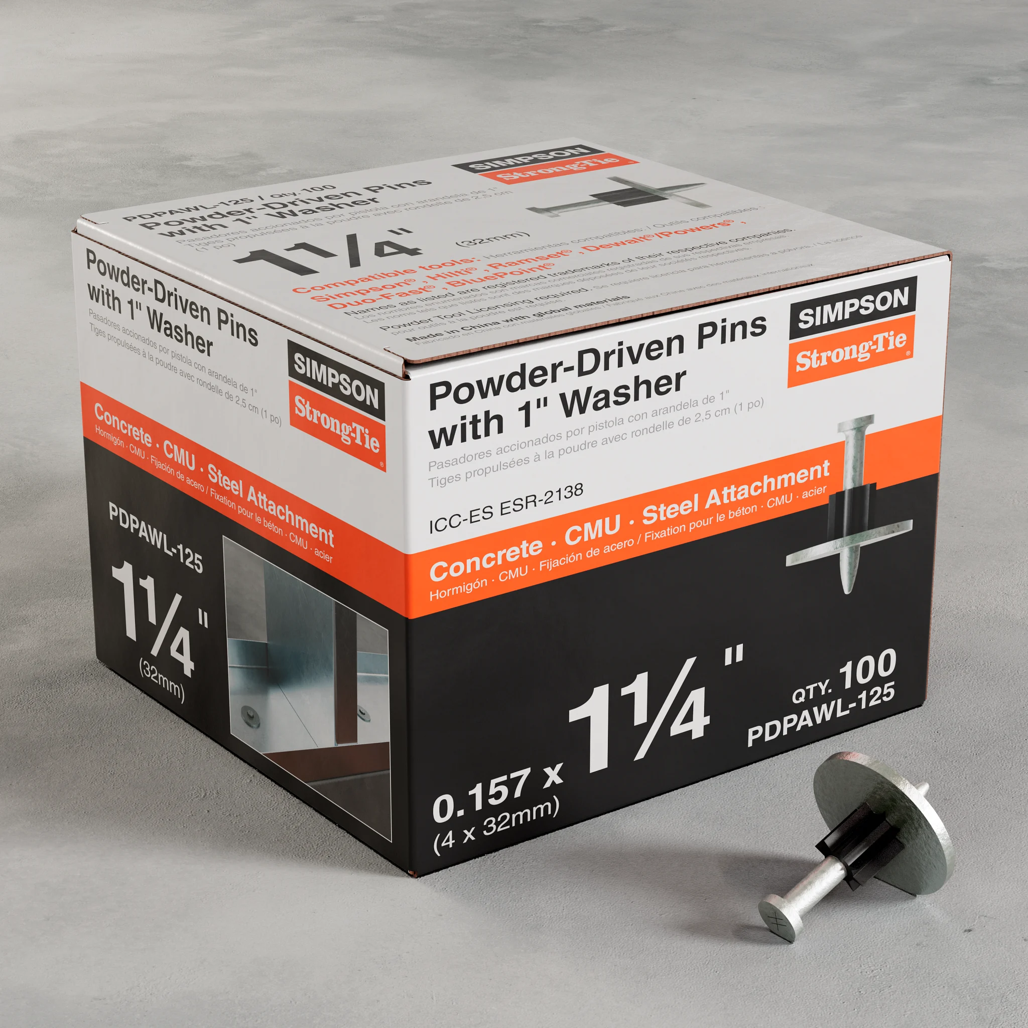 Simpson PDPAWL-125 PDPAWL .157-in. x 1-1/4-in. Powder-Actuated Pin w/ 1-in. Washer (100-Qty)