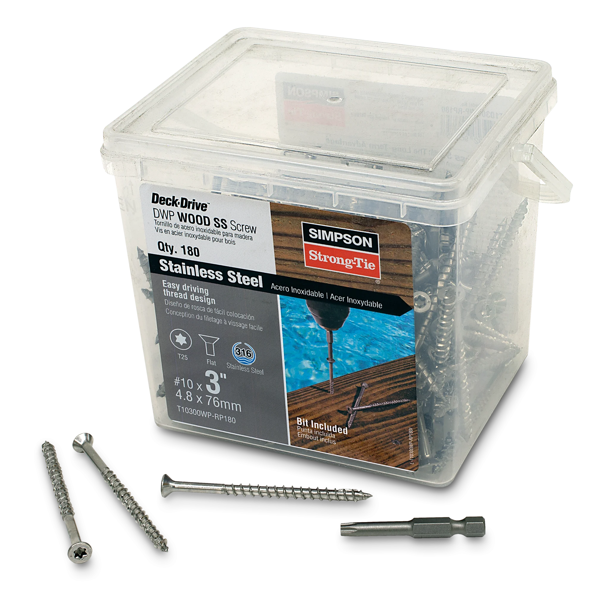 Simpson T10300WP-RP180 Deck-Drive DWP WOOD SS Screw — #10 x 3 in. T25, Flat Head, Type 316 (180-Qty)