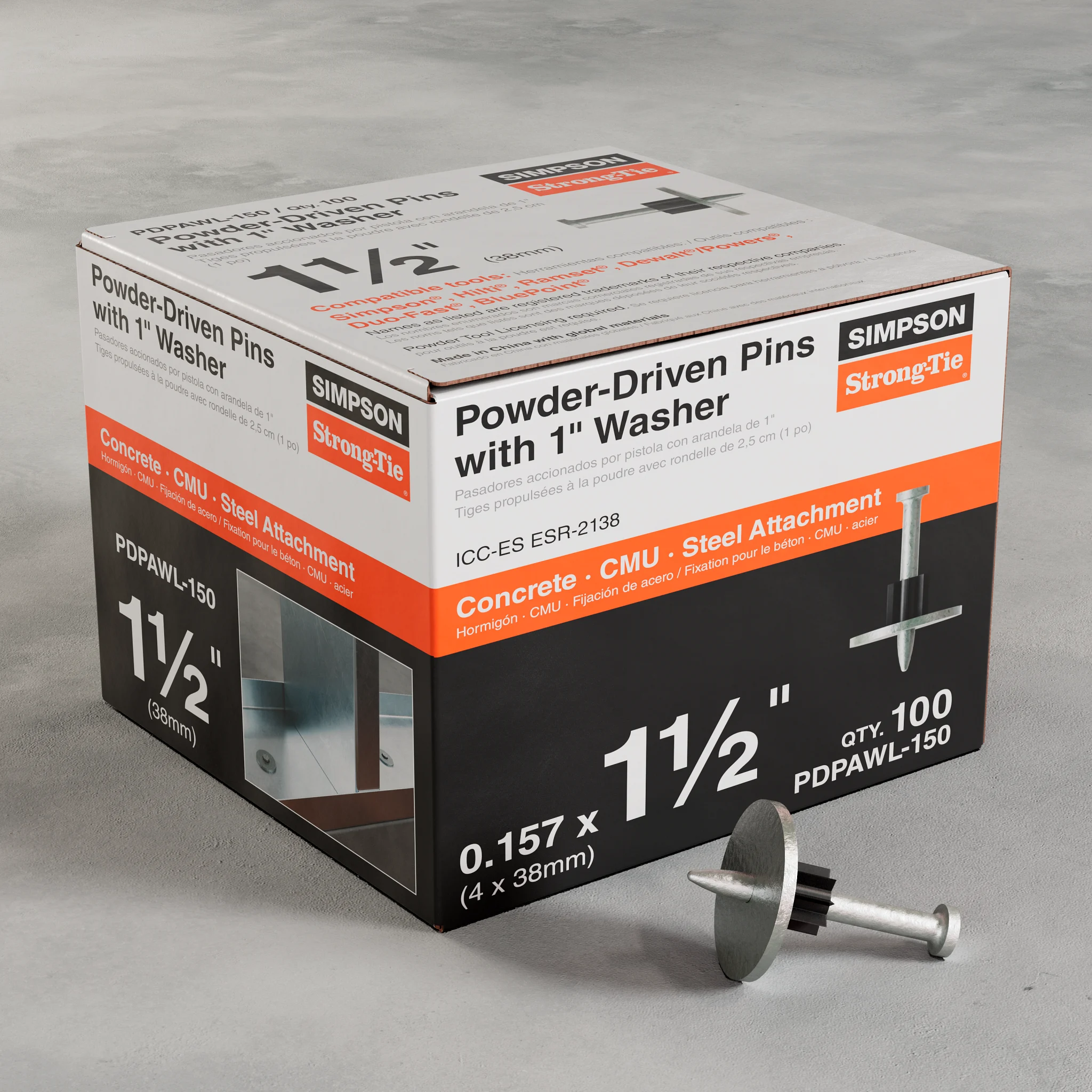 Simpson PDPAWL-150 PDPAWL .157-in. x 1-1/2-in. Powder-Actuated Pin w/ 1-in. Washer (100-Qty)