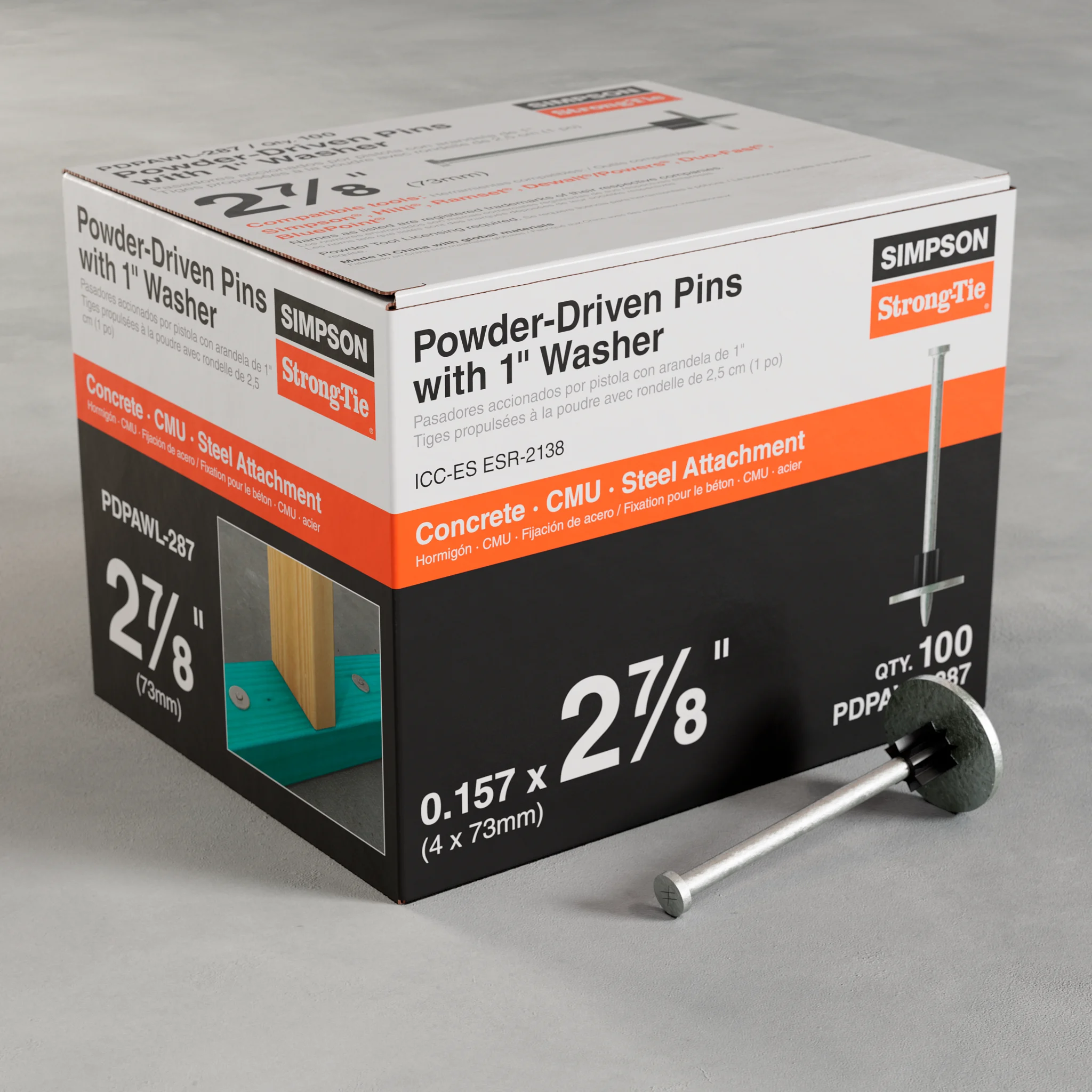 Simpson PDPAWL-287 PDPAWL .157-in. x 2-7/8-in. Powder-Actuated Pin w/ 1-in. Washer (100-Qty)
