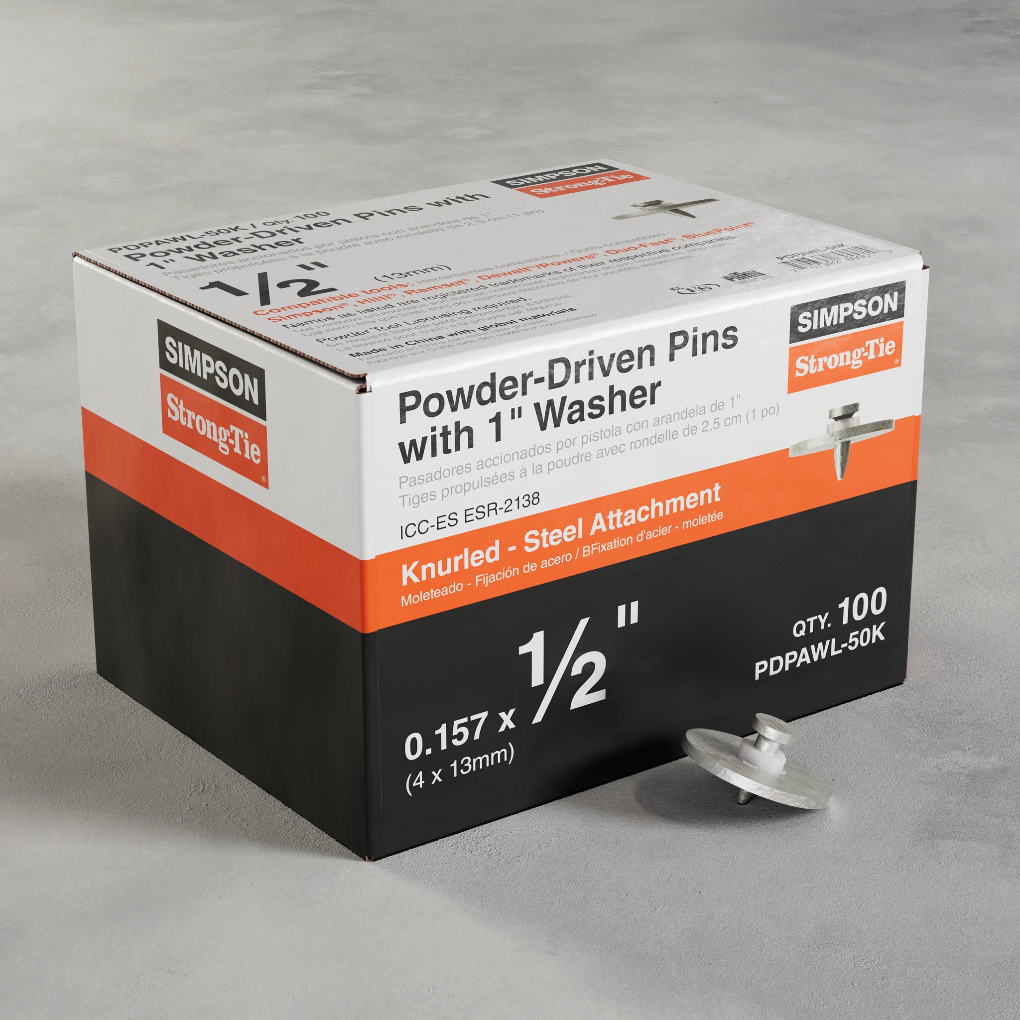 Simpson PDPAWL-50K PDPAWL .157-in. x 1/2-in. Powder-Actuated Knurled Drive Pin w/ 1-in. Washer (100-Qty)