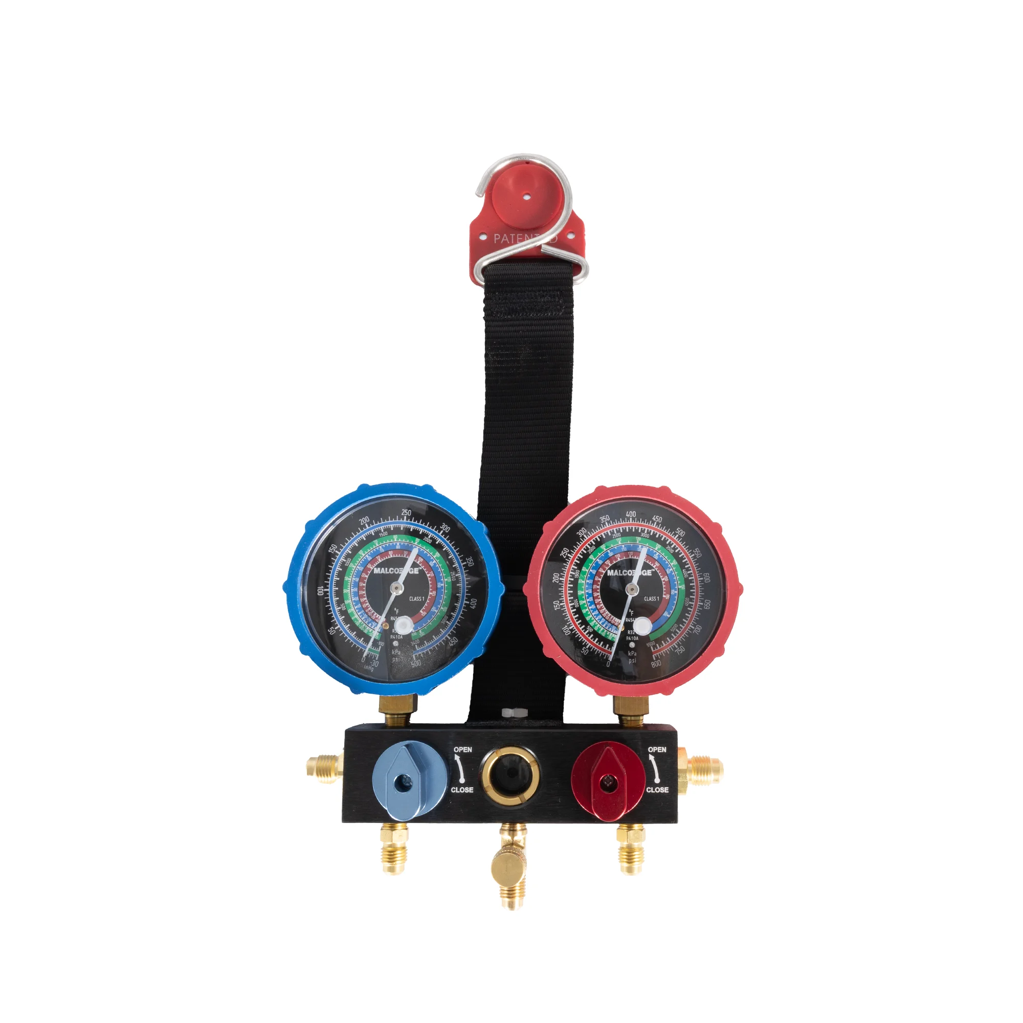 MalcoEdge M2VA2L 2-Valve A2L HVAC Manifold – R32, R410A, R454B Compatible – Manifold Only, Magnetic Strap, and Spring-Loaded 1/4 Turn Valves