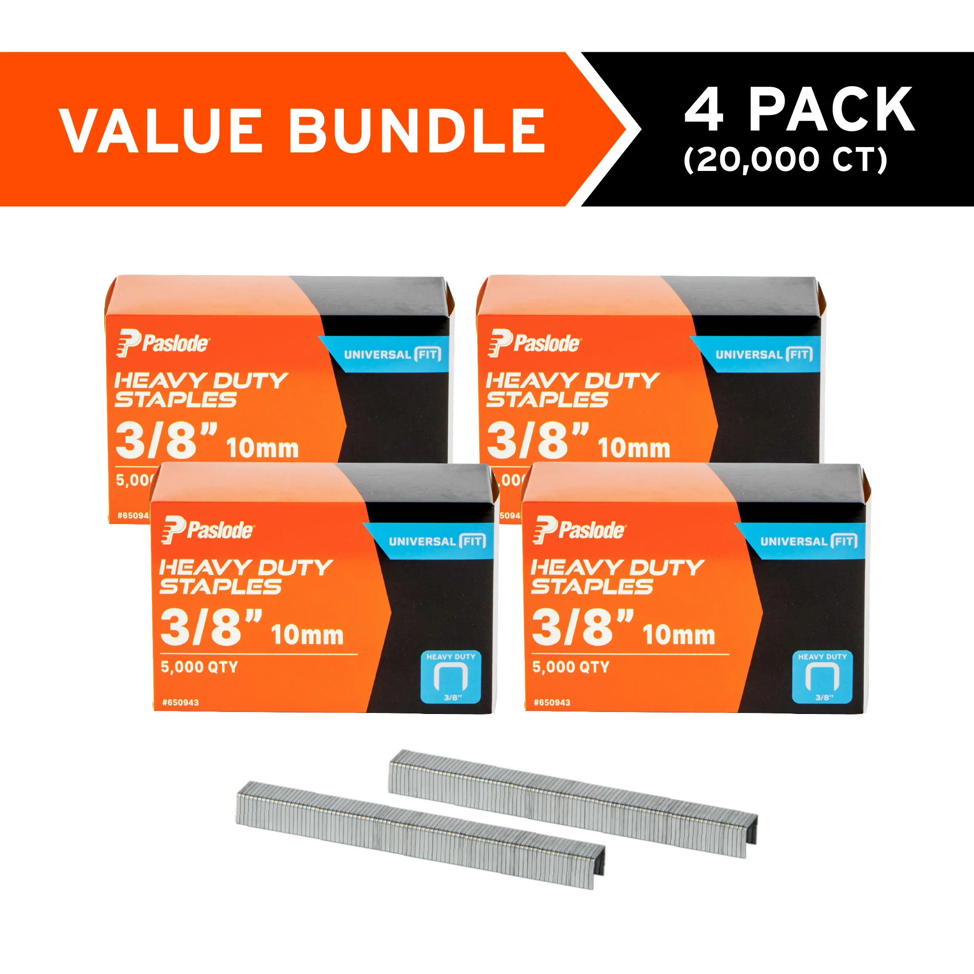 Paslode Heavy-Duty 3/8 Inch (10mm) 20-Gauge Galvanized Staples, 5000 PCS, Universal Fit with Standard Heavy-Duty Tackers & Compression Staplers, for Construction Applications (4-Pack; 20,000ct)
