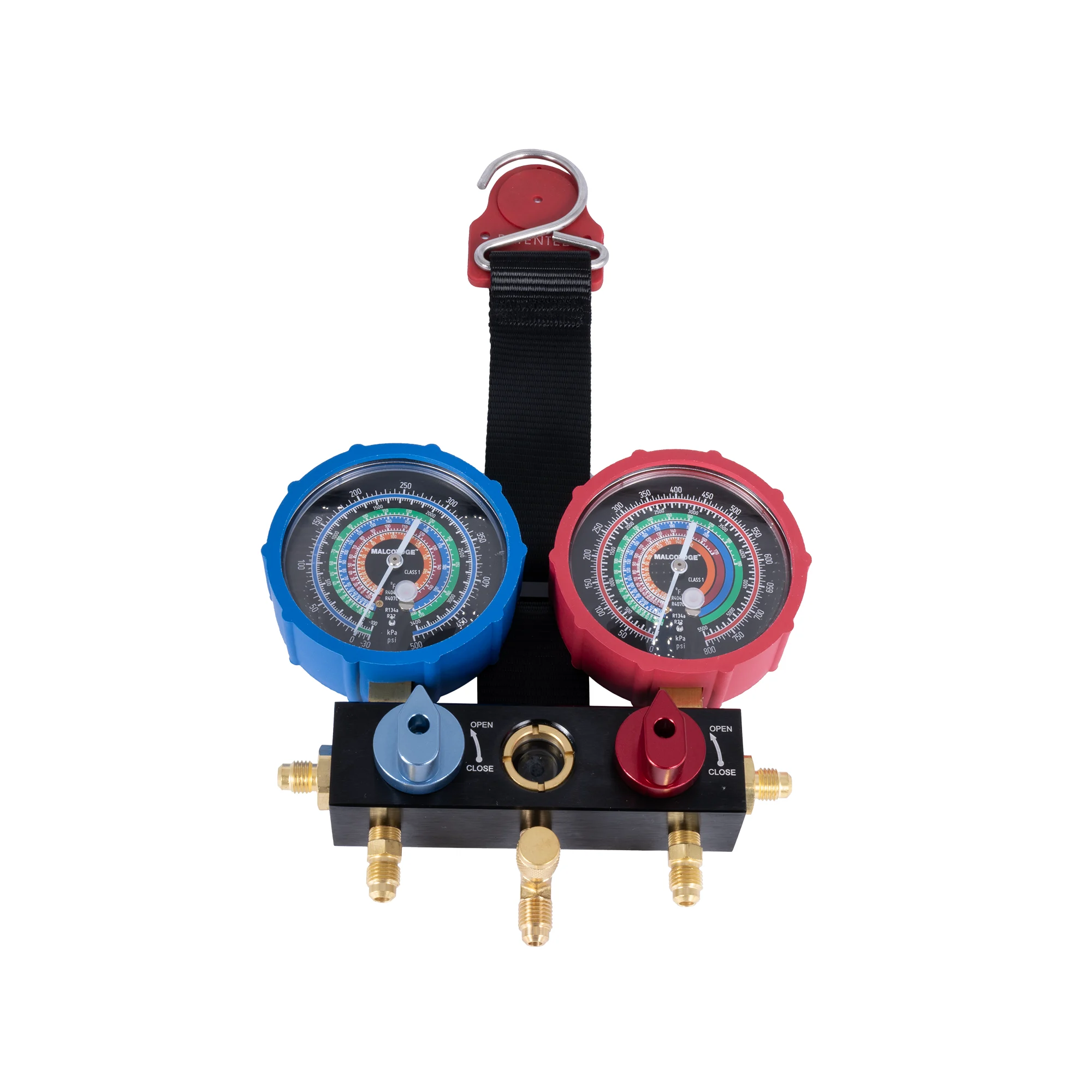 MalcoEdge M2VMG 2-Valve Multi-Gas HVAC Manifold – R22, R134A, R404A, R407C Compatible – Manifold Only, Magnetic Strap & 1/4 Turn Spring-Loaded Valves