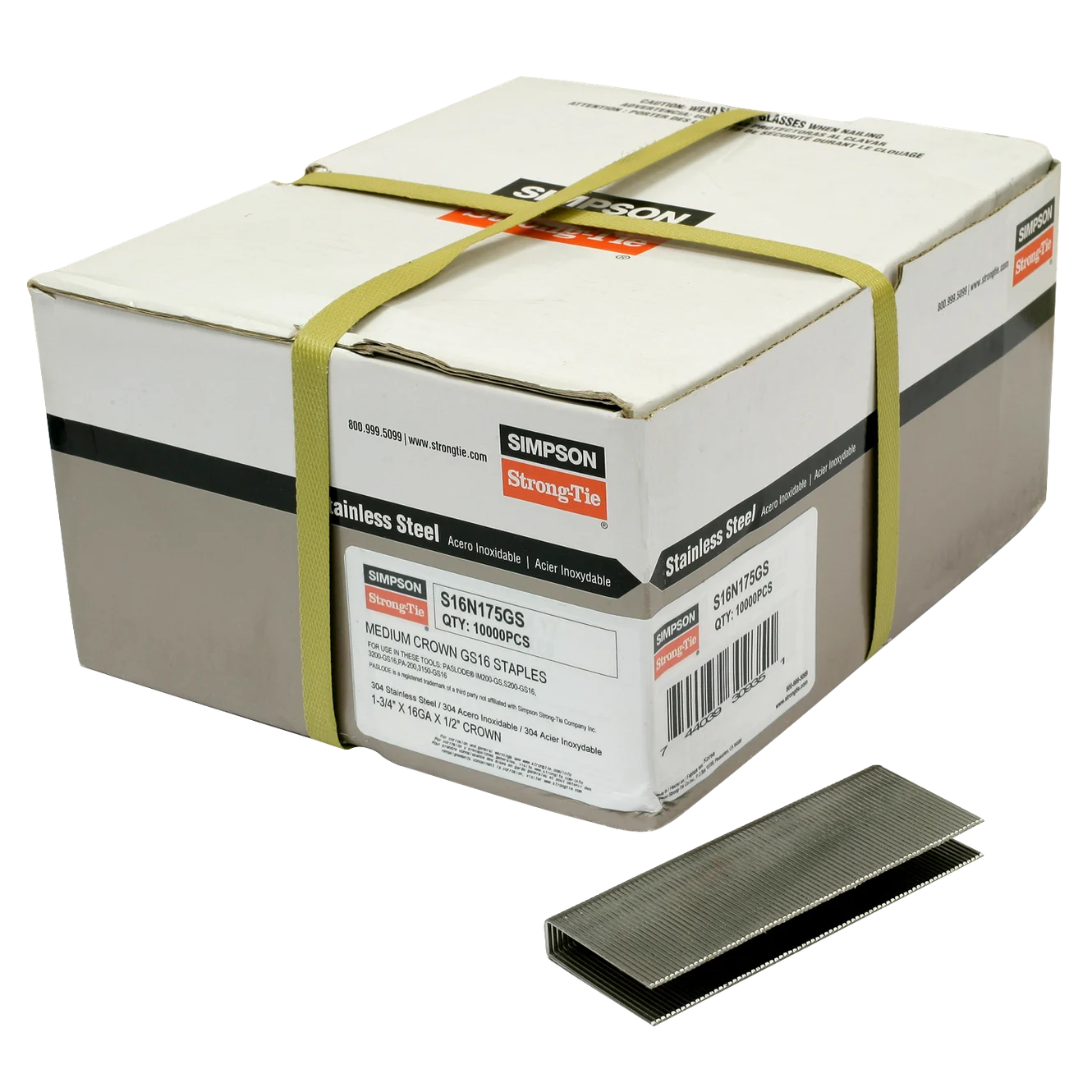 Simpson S16N175GS 1/2-in. Crown, 16-Gauge Staples — 1-3/4 in. Type 304 Stainless Steel (10,000-Qty)