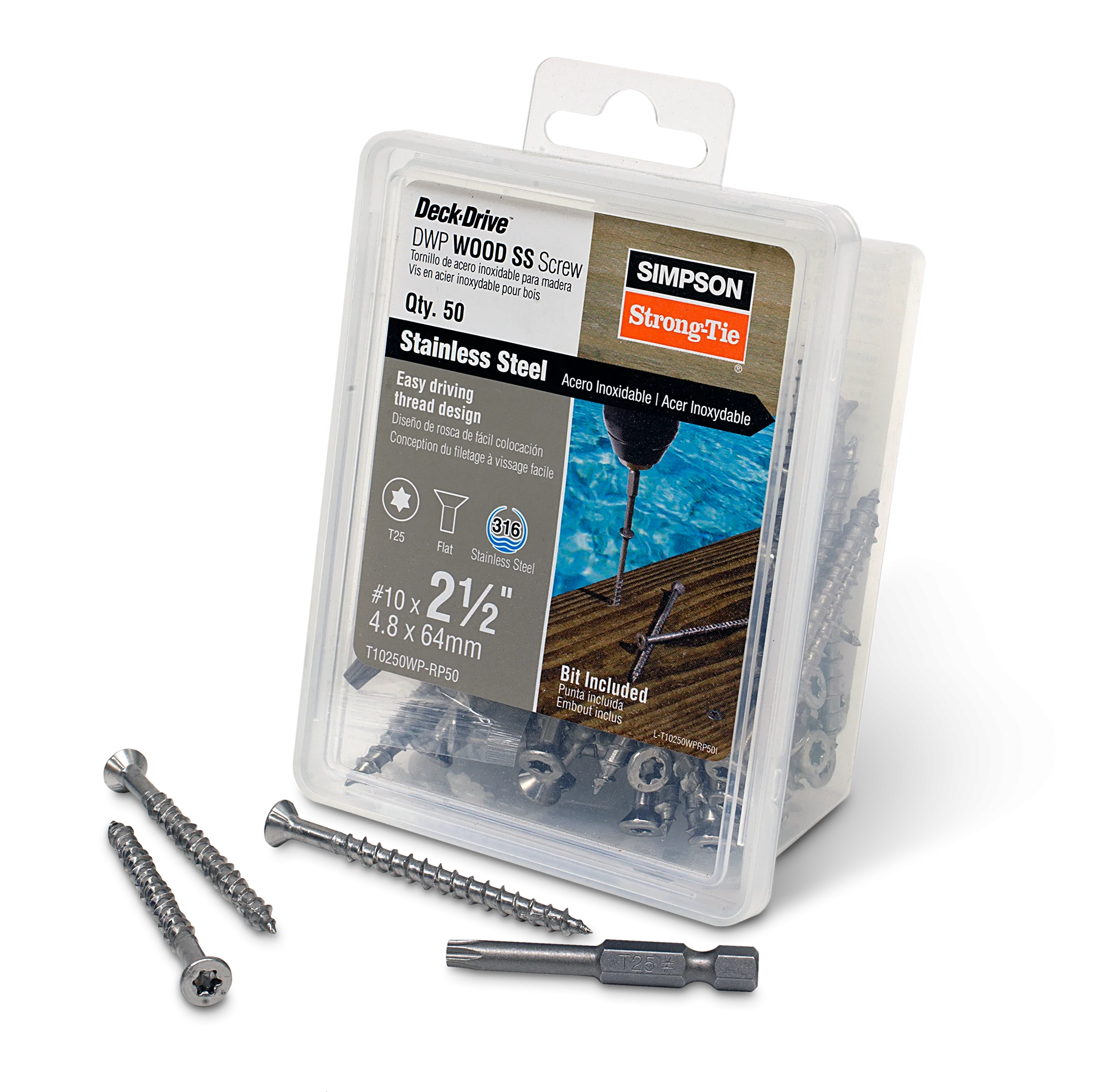 Simpson T10250WP-RP50 Deck-Drive DWP WOOD SS Screw — #10 x 2-1/2 in. T25, Flat Head, Type 316 (50-Qty)