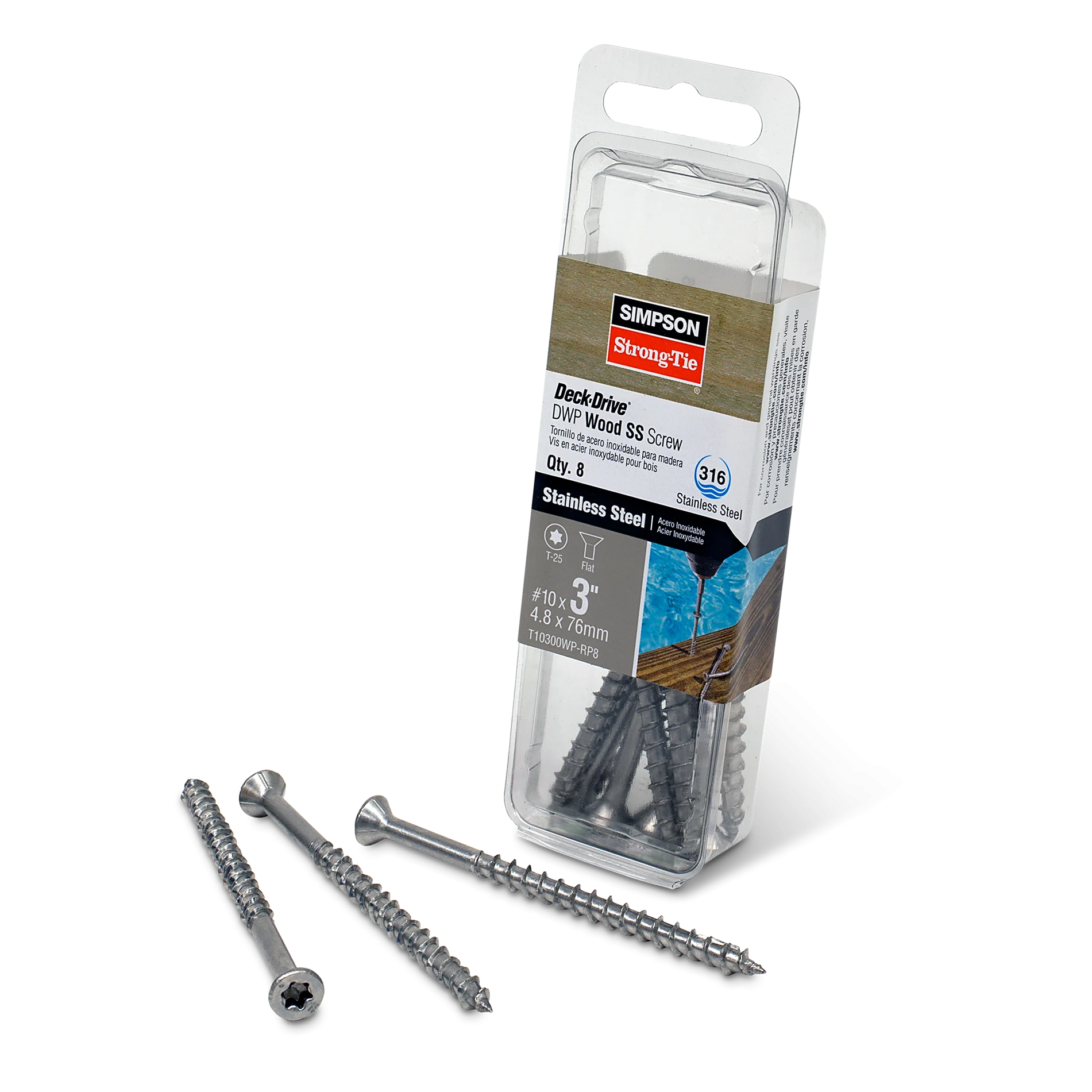Simpson T10300WP-RP8 Deck-Drive DWP WOOD SS Screw — #10 x 3 in. T-25, Flat Head, Type 316 (8-Qty)