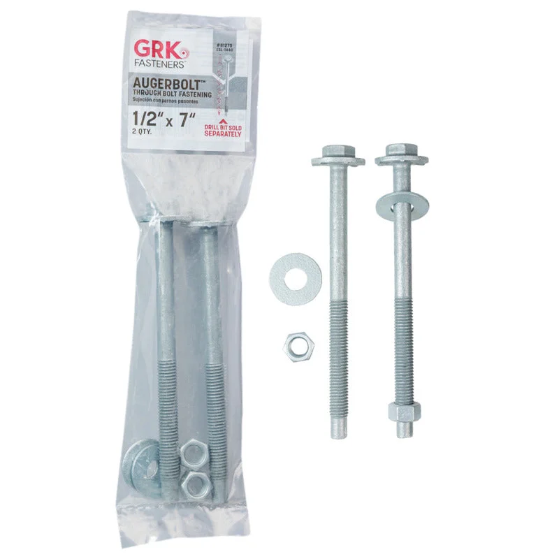 GRK Fasteners AugerBolt™ Through Bolt Fastening System, 1/2" x 7" Galvanized Heavy-Duty Carriage Bolts, Rust Resistant for Post-to-Beam Connections, 2 Bolts w/ Hex Nuts, & Washers (excludes drill bit)