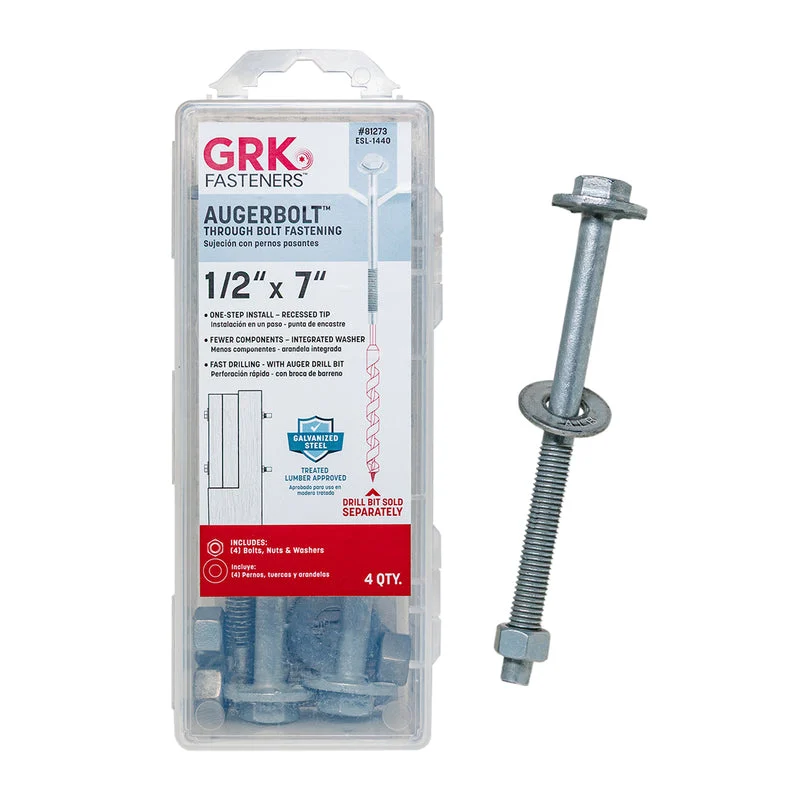 GRK Fasteners AugerBolt™ Through Bolt Fastening System, 1/2" x 7" Galvanized Heavy-Duty Carriage Bolts, Rust Resistant for Post-to-Beam Connections, 4 Bolts w/ Hex Nuts, & Washers (excludes drill bit)