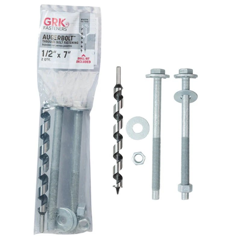 GRK Fasteners AugerBolt™ Through Bolt Fastening System, 1/2" x 7" Galvanized Heavy-Duty Carriage Bolts, Rust Resistant for Post-to-Beam Connections, 2 Bolts w/ Drill Bit, Hex Nuts, & Washers