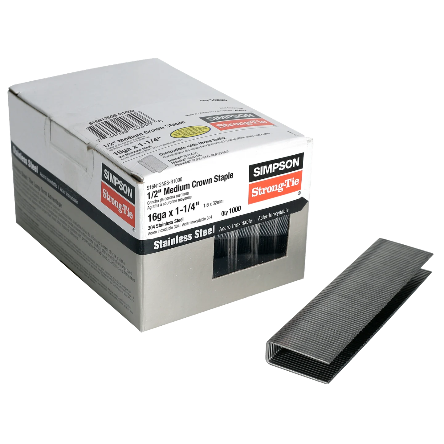 Simpson S16N125GS-R1000 1/2-in. Crown, 16-Gauge Staples — 1-1/4 in. Type 304 Stainless Steel (1000-Qty)
