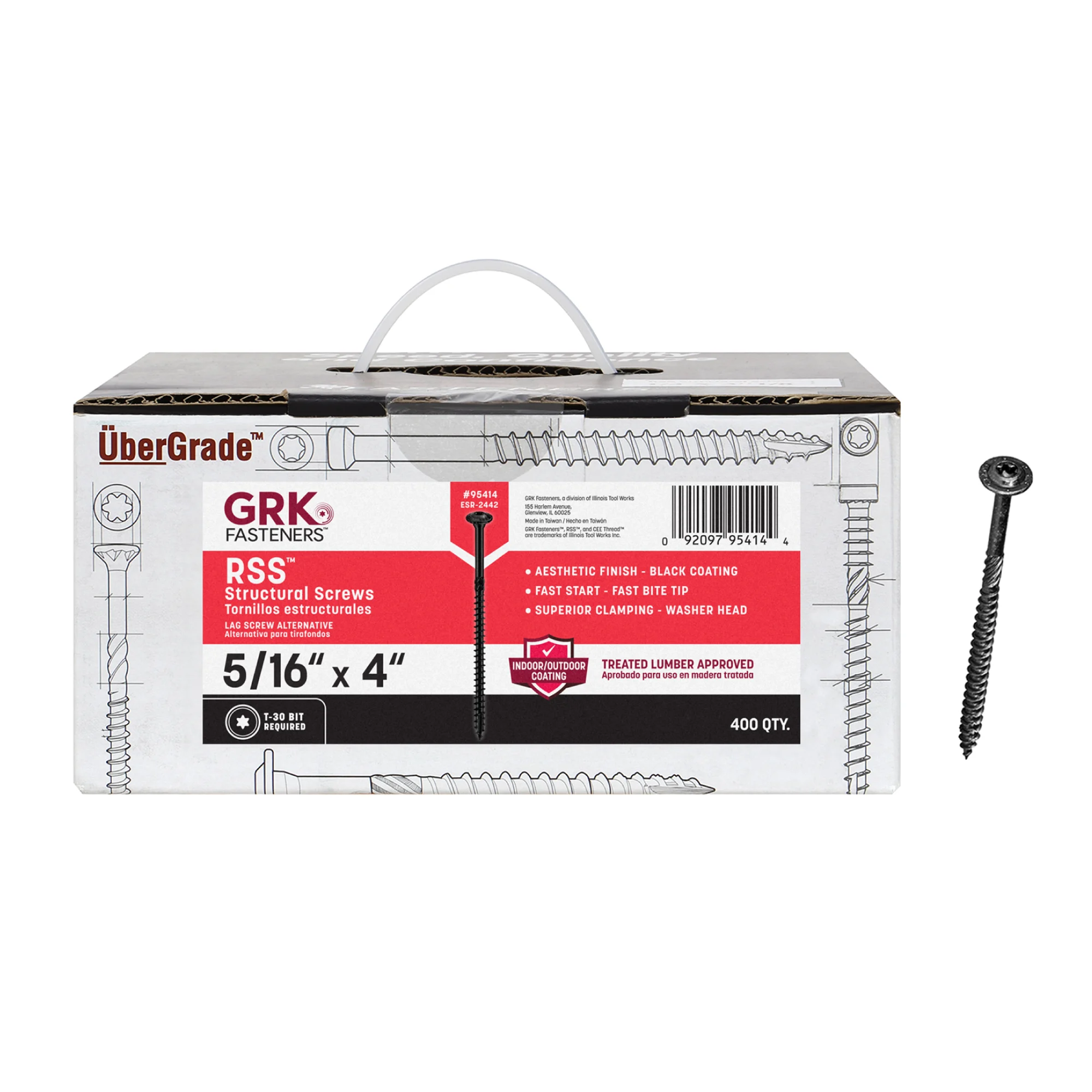 GRK Fasteners RSS™ 5/16 x 4 Inch, Black Multi-Purpose Structural Screws, 400 PCS, Rust Resistant Climatek™ Coating, Decorative Hardware Decking Screws, Star Drive Recess, T-30 Bit Included, Black