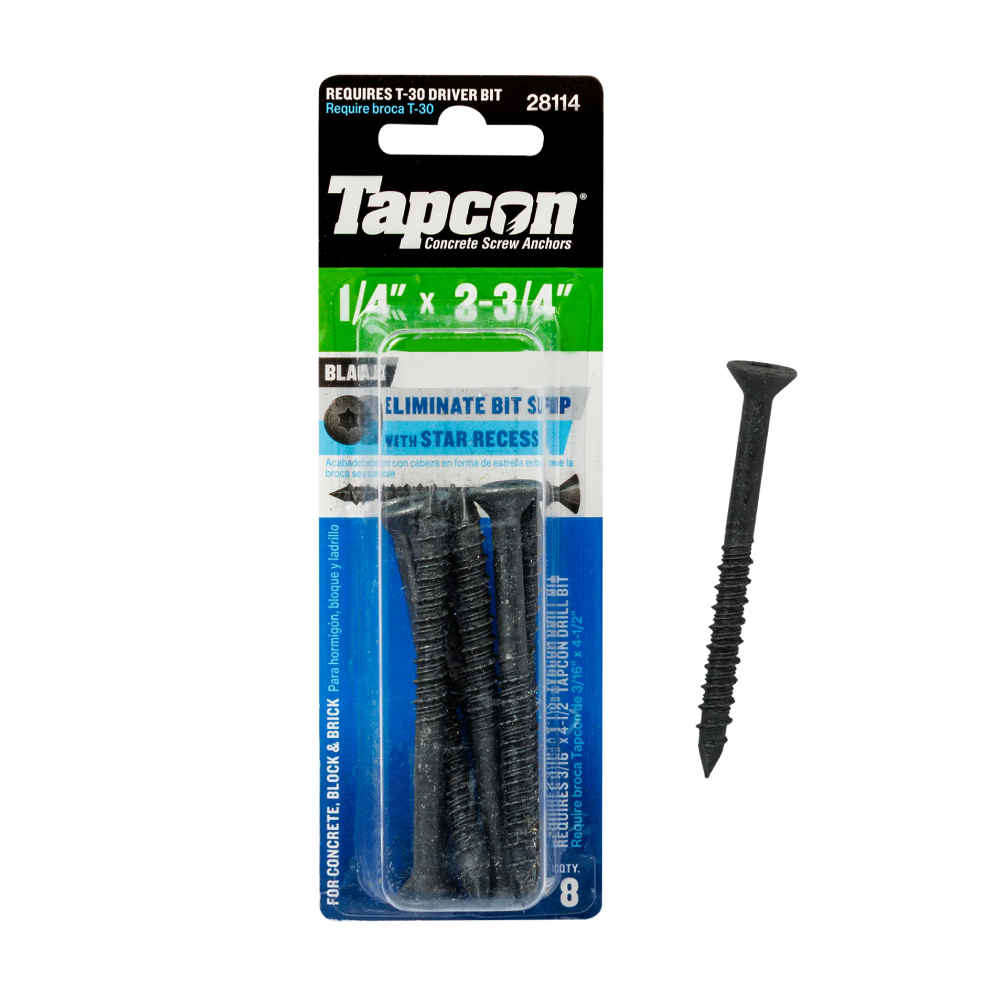 Tapcon 1/4 x 2-3/4 Inch Black Star Head Concrete Anchors, 8 PCS, Corrosion Resistant Climaseal™ Coating, Heavy-Duty Concrete and Masonry Screws, Star Drive Recess, Drill Bit Sold Separately