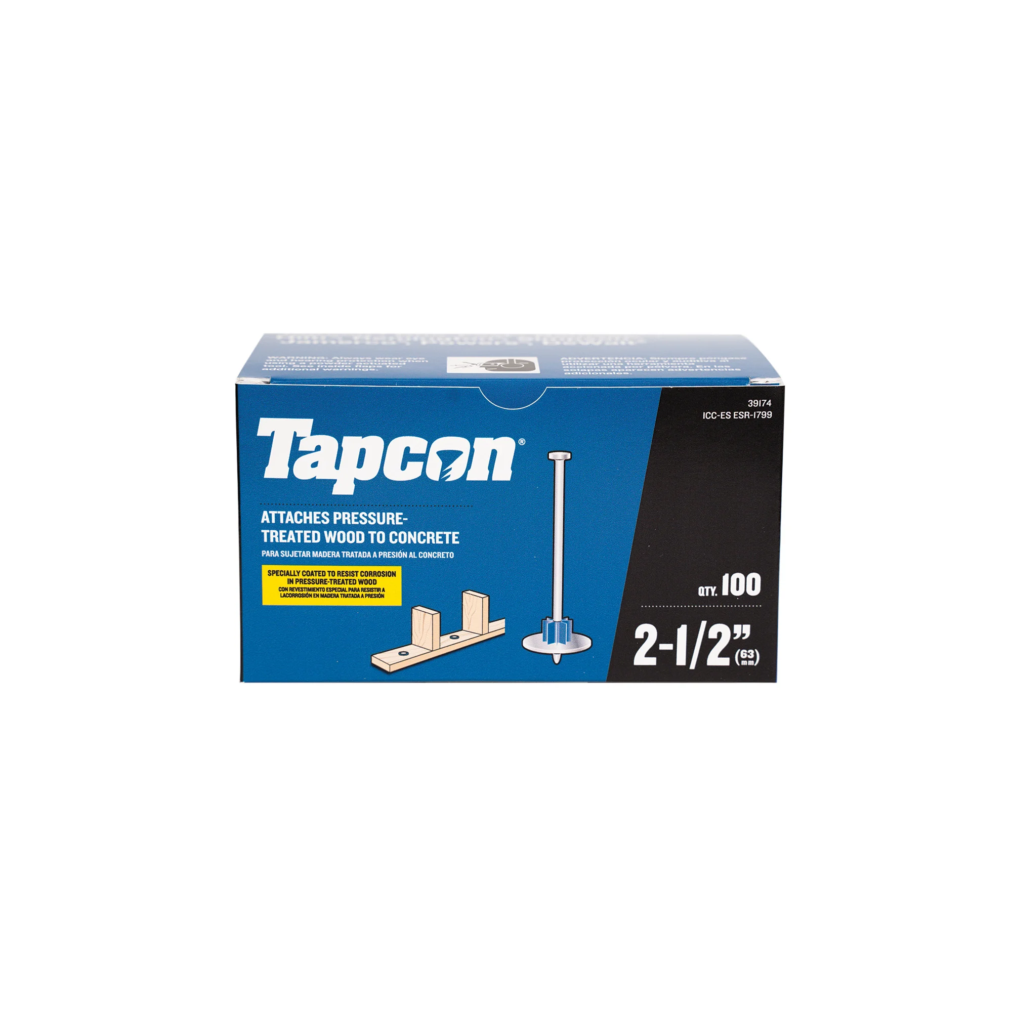 Tapcon 2-1/2 Inch Corrosion Resistant Powder Actuated Drive Pin, 100 PCS, with Washer, for Pressure Treated Wood, Made in the USA, Compatible with Tapcon T22, TP22, HS22, & SA27 Powder Actuated Tools