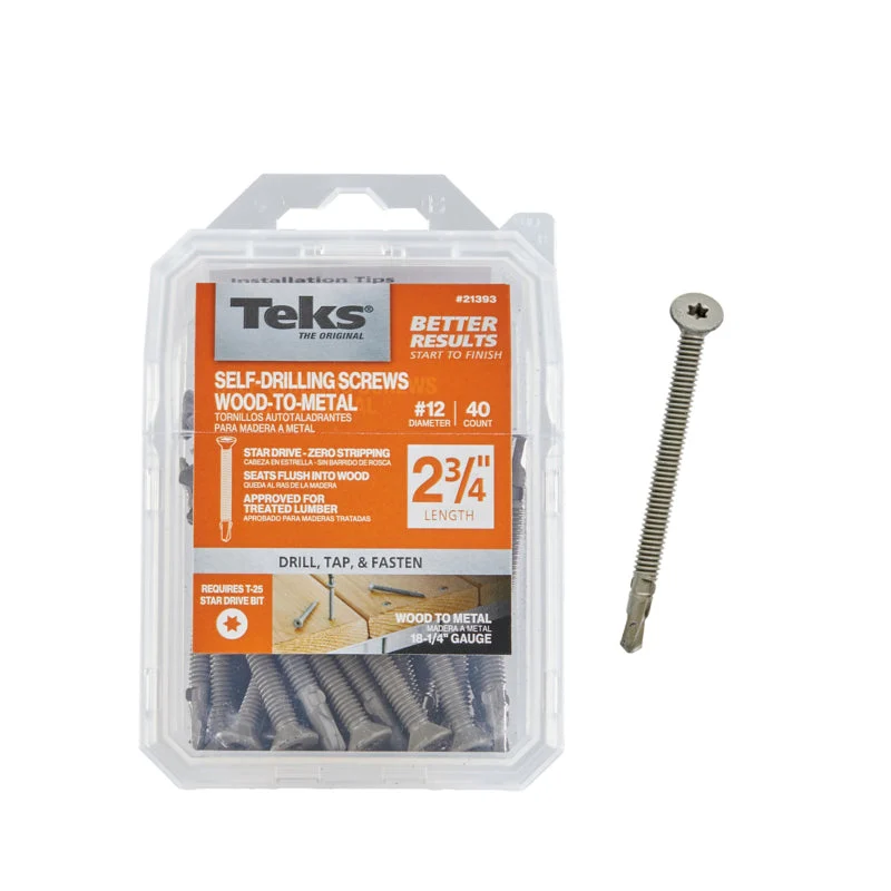 Teks #12 x 2-3/4 Inch Wood-to-Metal Self-Drilling Screws, 40PCS, for Roof/Subfloor Decking, Trailer Beds, & Headers, Rust Resistant Climaseal® Coating, Star Drive, T-25 Bit Sold Separately