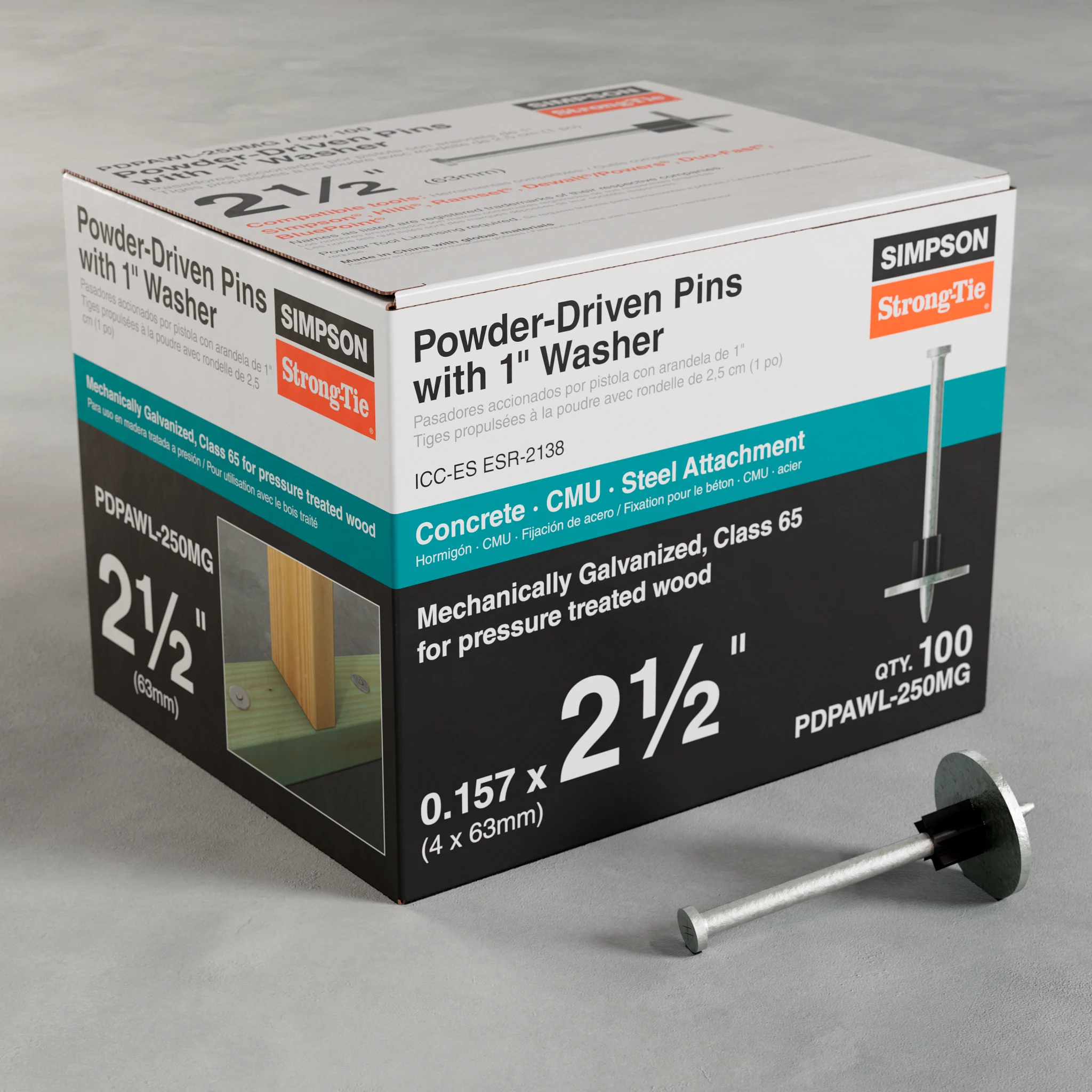 Simpson PDPAWL-250MG PDPAWL .157 in. x 2-1/2 in. Mechanically Galvanized Powder-Actuated Pin w/ 1 in. Washer (100-Qty)