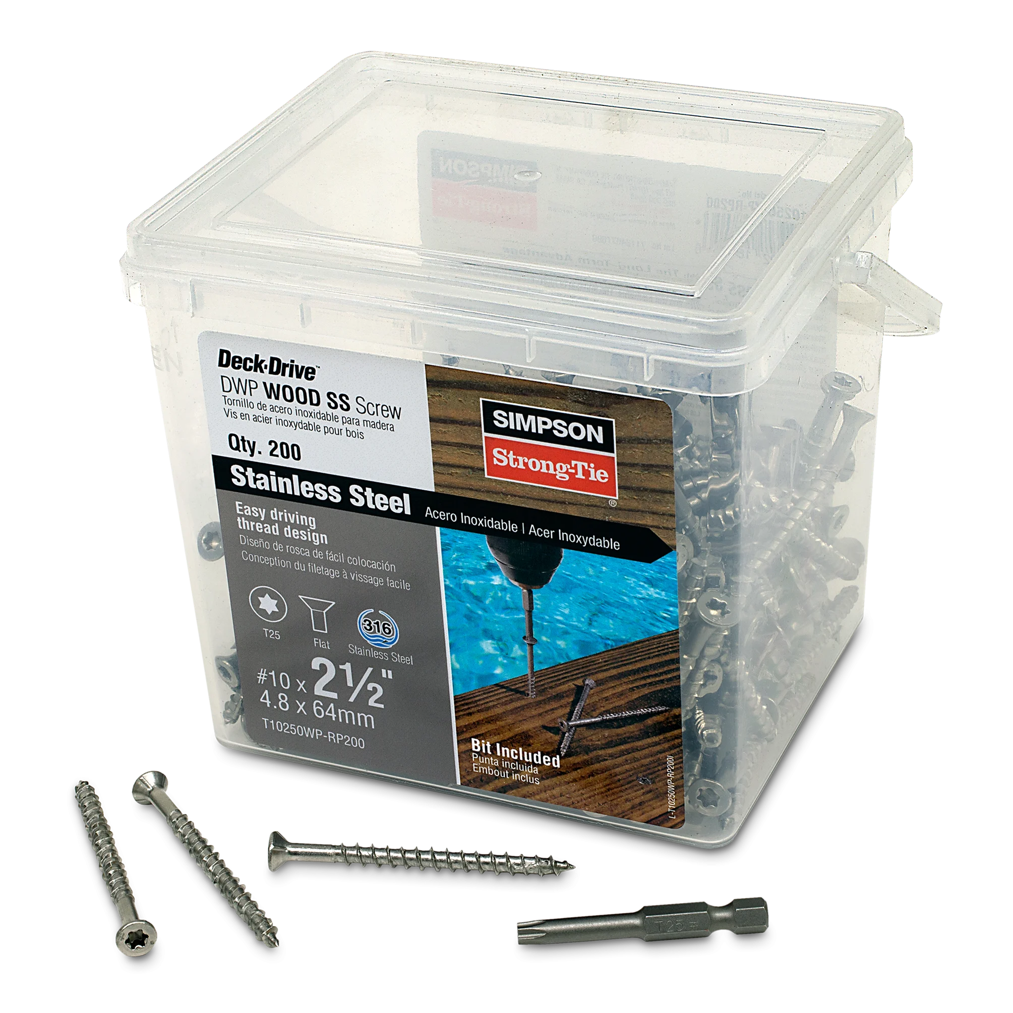 Simpson T10250WP-RP200 Deck-Drive DWP WOOD SS Screw — #10 x 2-1/2 in. T25, Flat Head, Type 316 (200-Qty)