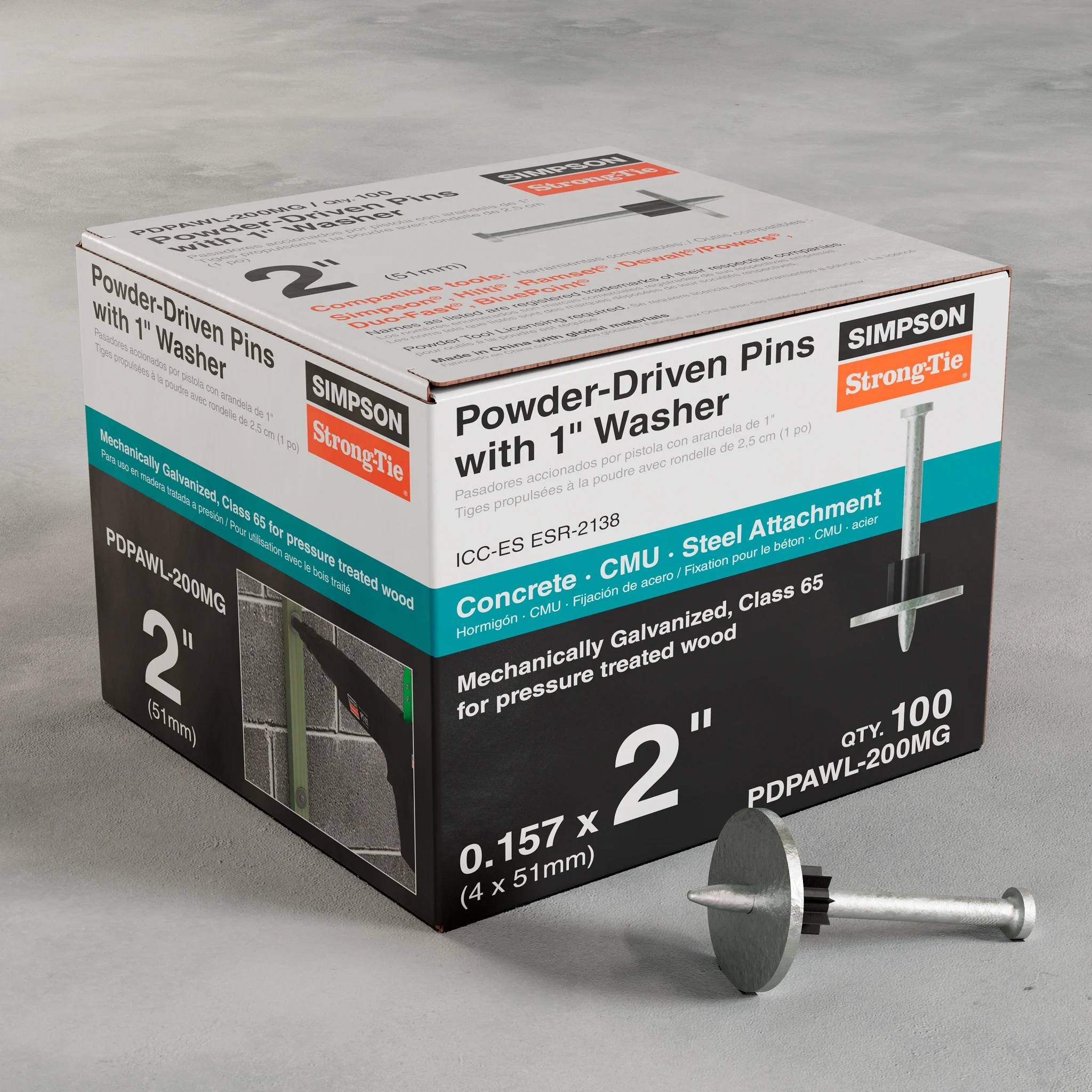 Simpson PDPAWL-200MG PDPAWL .157 in. x 2 in. Mechanically Galvanized Powder-Actuated Pin w/ 1 in. Washer (100-Qty)
