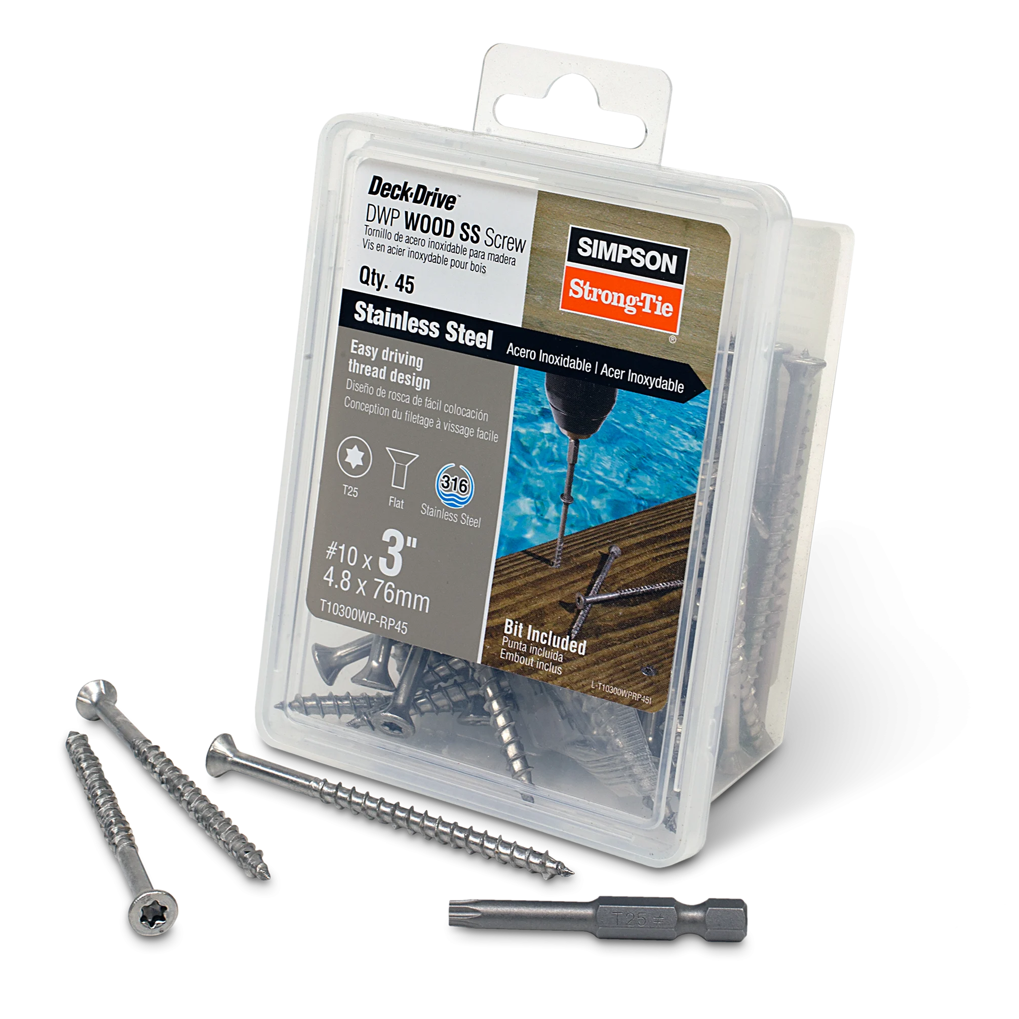 Simpson T10300WP-RP45 Deck-Drive DWP WOOD SS Screw — #10 x 3 in. T-25, Flat Head, Type 316 (45-Qty)