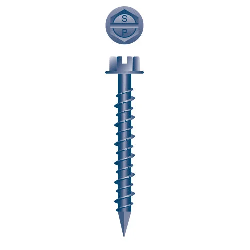 Strong-Point CH320Strongcon Slotted Indented Hex Washer Head, Hi-Low, Notched Threads, Diamond Point, Blue Ceramic Coating, 3/16 x 1-1/4, 1/4 A.F. Head, Box of 5,000 Concrete Screws