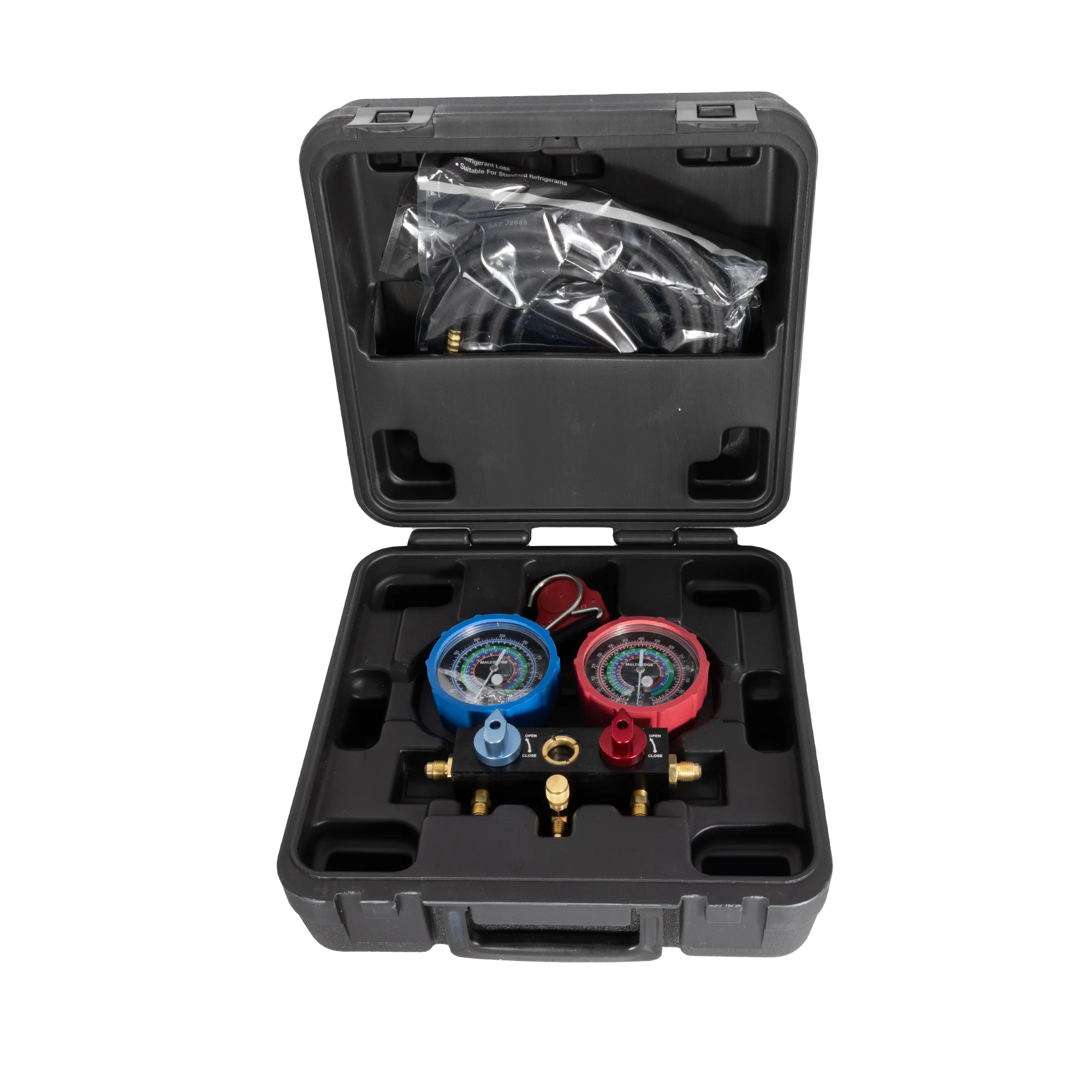 MalcoEdge M2VKA2L 2-Valve A2L HVAC Manifold Kit – R32, R410A, R454B – with Safe Seal Hose Set, Magnetic Strap & Carry Case – Spring-Loaded Valves