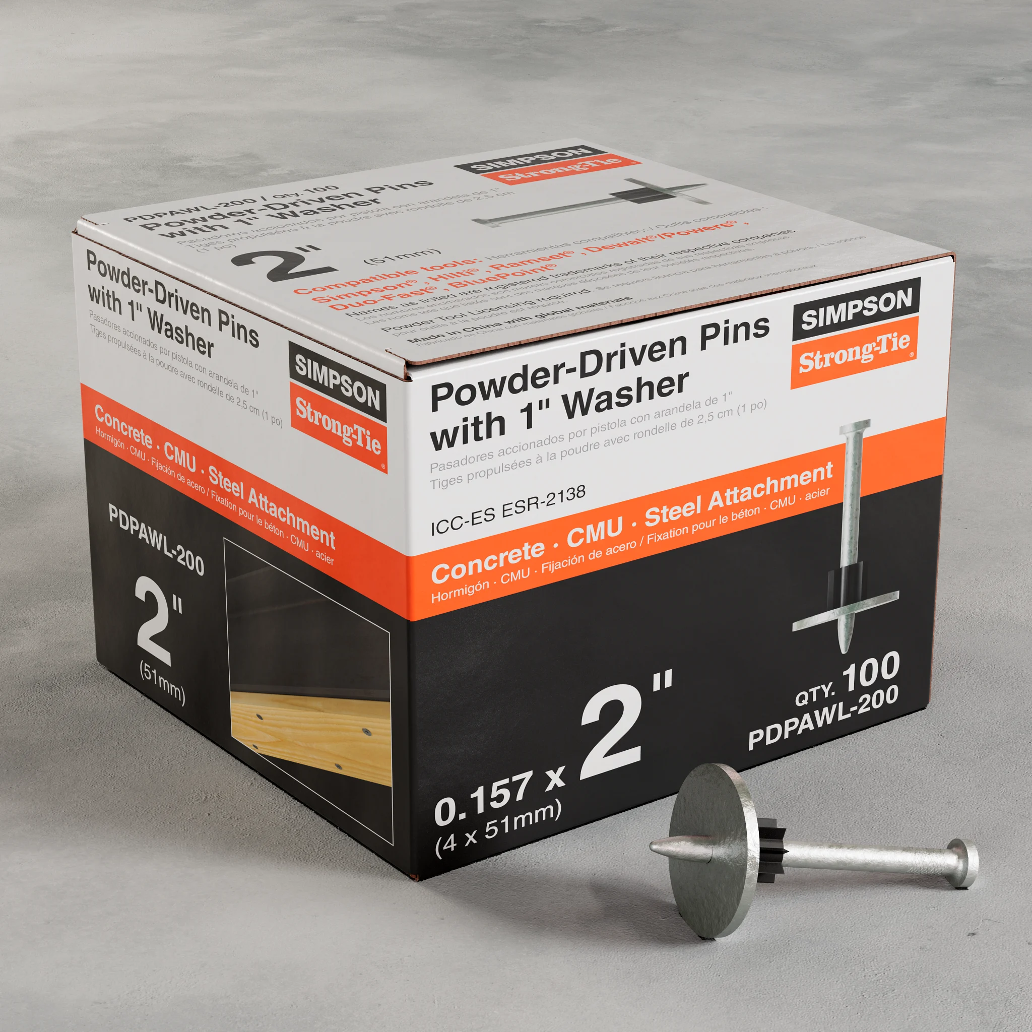 Simpson PDPAWL-200 PDPAWL .157-in. x 2-in. Powder-Actuated Pin w/ 1-in. Washer (100-Qty)