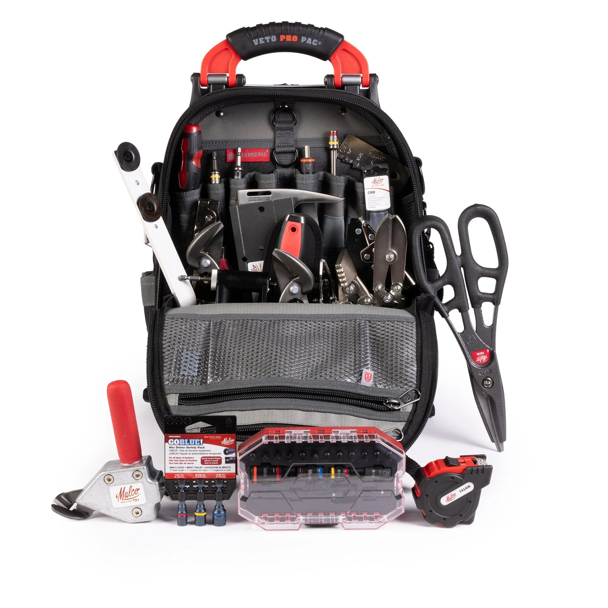 Malco HVACPRO2 Install & Service HVAC Pro Kit, 25-Piece with VETO® TECH PAC | HC1 Hole Cutter, TurboShear®, Full C-RHEX® Driver System | Cutting, Crimping, Fastening & Layout