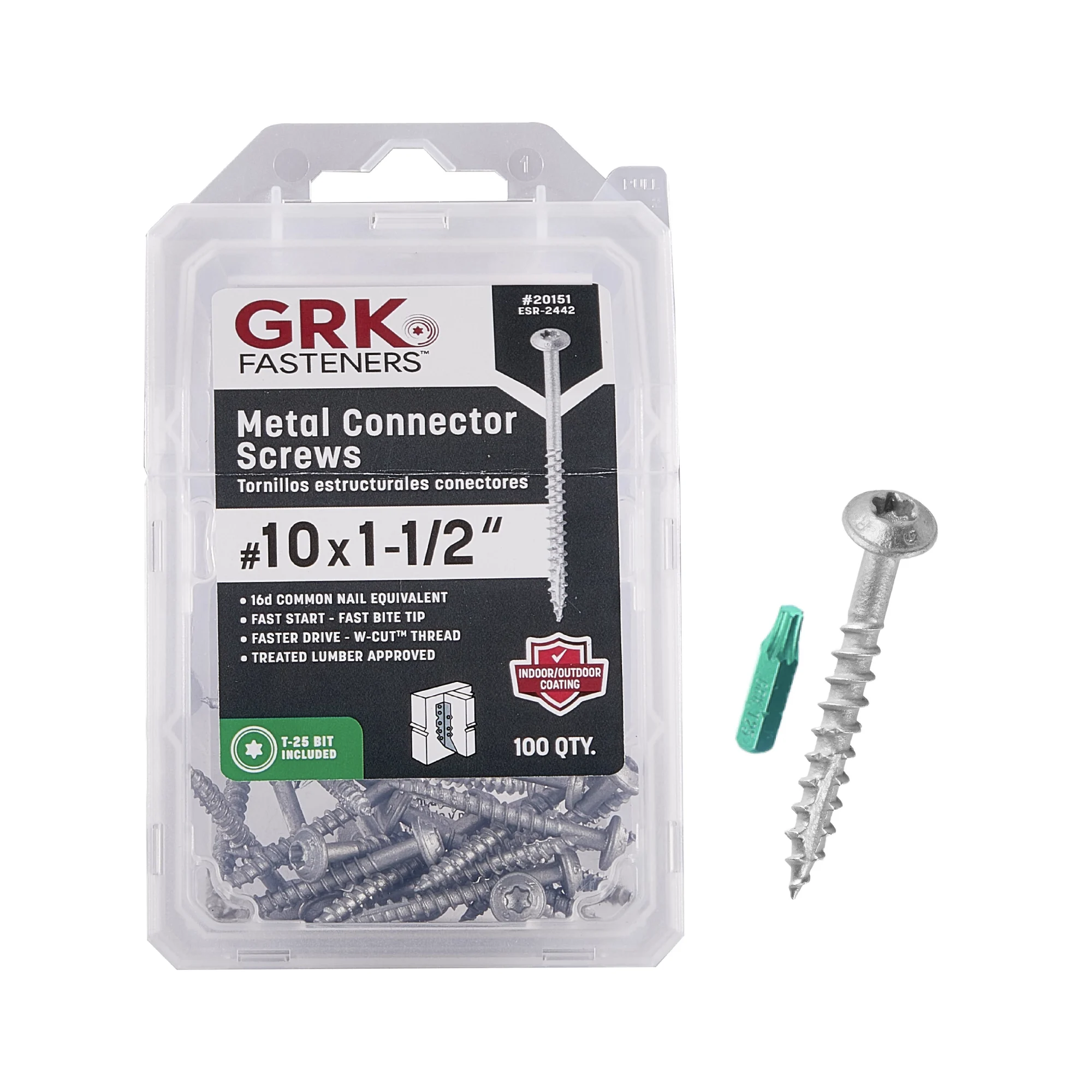 GRK Fasteners #10 x 1-1/2 Inch Metal Connector Screws, 100 PCS, for Joist Hangers, Metal Straps, & Post Caps/Bases, Equivalent to 16d Nail, Climatek™ Coating, & T-25 Star Drive Recess (Bit Included)