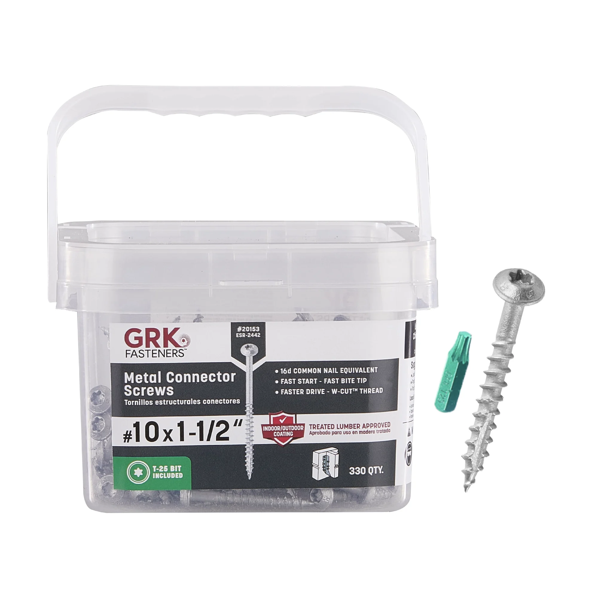 GRK Fasteners #10 x 1-1/2 Inch Metal Connector Screws, 300 PCS, for Joist Hangers, Metal Straps, & Post Caps/Bases, Equivalent to 16d Nail, Climatek™ Coating, & T-25 Star Drive Recess (Bit Included)