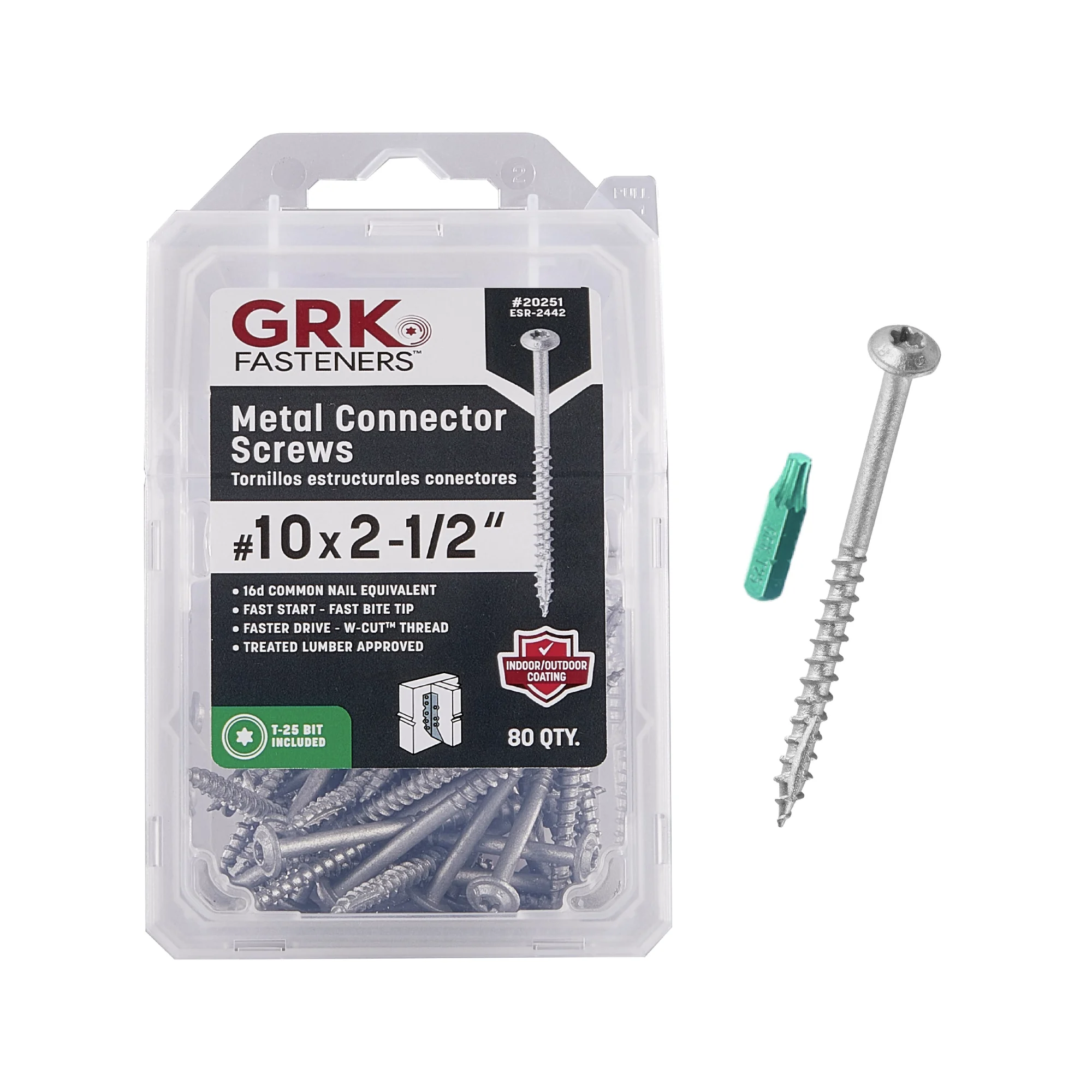 GRK Fasteners #10 x 2-1/2 Inch Metal Connector Screws, 80 PCS, for Joist Hangers, Metal Straps, & Post Caps/Bases, Equivalent to 16d Nail, Climatek™ Coating, & T-25 Star Drive Recess (Bit Included)