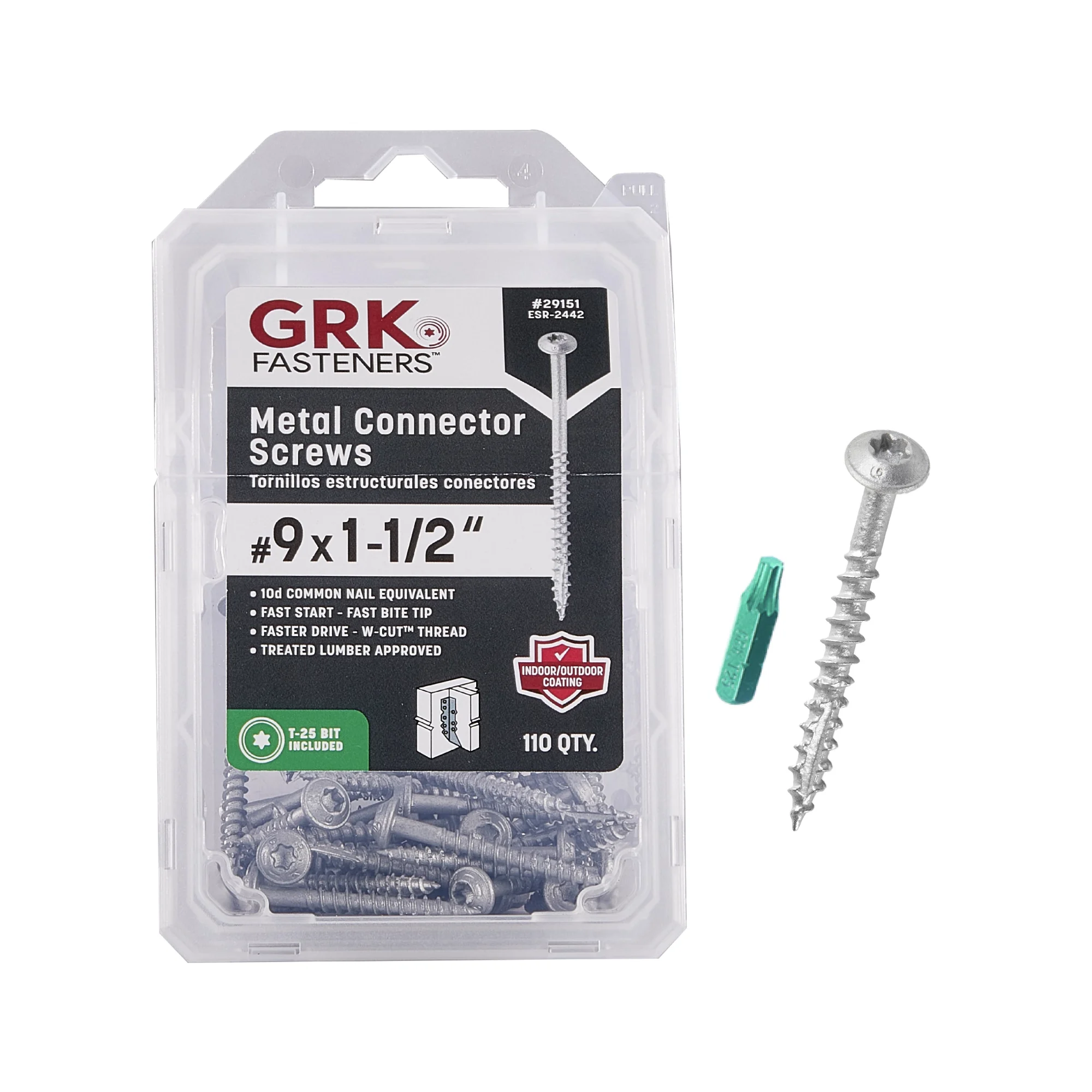 GRK Fasteners #9 x 1-1/2 Inch Metal Connector Screws, 110 PCS, for Joist Hangers, Metal Straps, & Post Caps/Bases, Equivalent to 10d Nail, Climatek™ Coating, & T-25 Star Drive Recess (Bit Included)