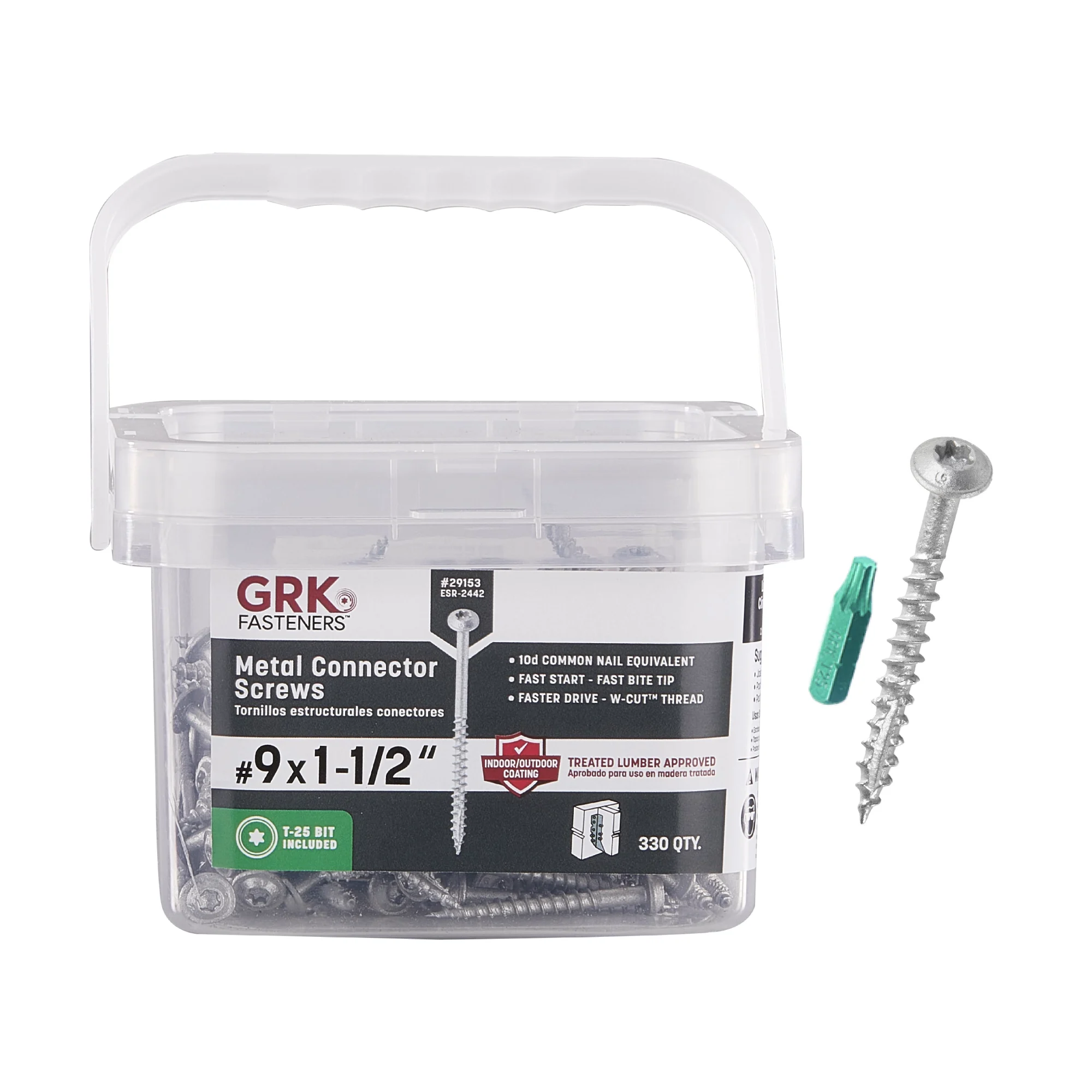 GRK Fasteners #9 x 1-1/2 Inch Metal Connector Screws, 330 PCS, for Joist Hangers, Metal Straps, & Post Caps/Bases, Equivalent to 10d Nail, Climatek™ Coating, & T-25 Star Drive Recess (Bit Included)