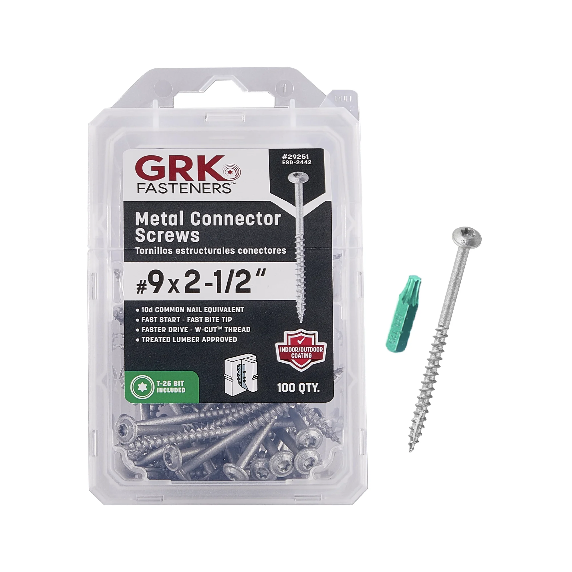 GRK Fasteners #9 x 2-1/2 Inch Metal Connector Screws, 100 PCS, for Joist Hangers, Metal Straps, & Post Caps/Bases, Equivalent to 10d Nail, Climatek™ Coating, & T-25 Star Drive Recess (Bit Included)