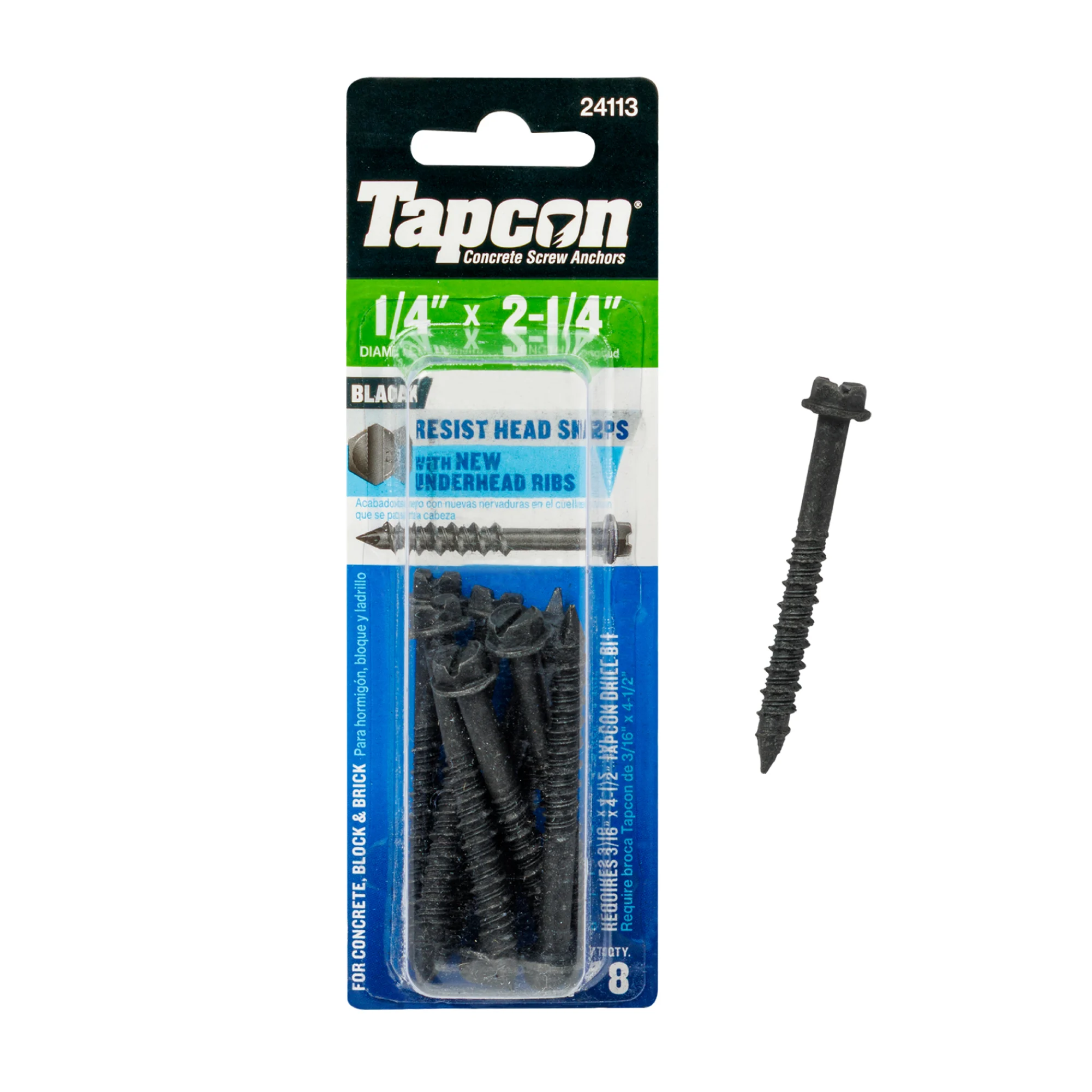 Tapcon 1/4 x 2-1/4 Inch Black Hex Head Concrete Anchors, 8 PCS, Corrosion Resistant Climaseal™ Coating, Heavy-Duty Concrete and Masonry Screws, Superior Holding Strength, Drill Bit Sold Separately