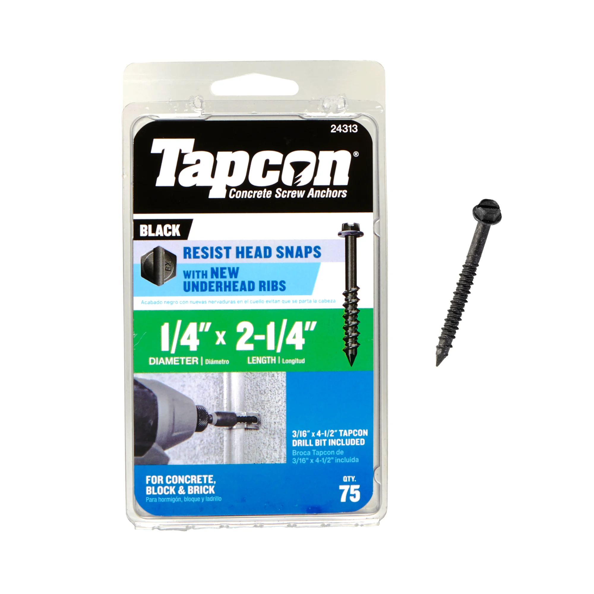 Tapcon 1/4 x 2-1/4 Inch Black Hex Head Concrete Anchors,75 PCS, Corrosion Resistant Climaseal™ Coating, Heavy-Duty Concrete and Masonry Screws, Superior Holding Strength, Drill Bit Included