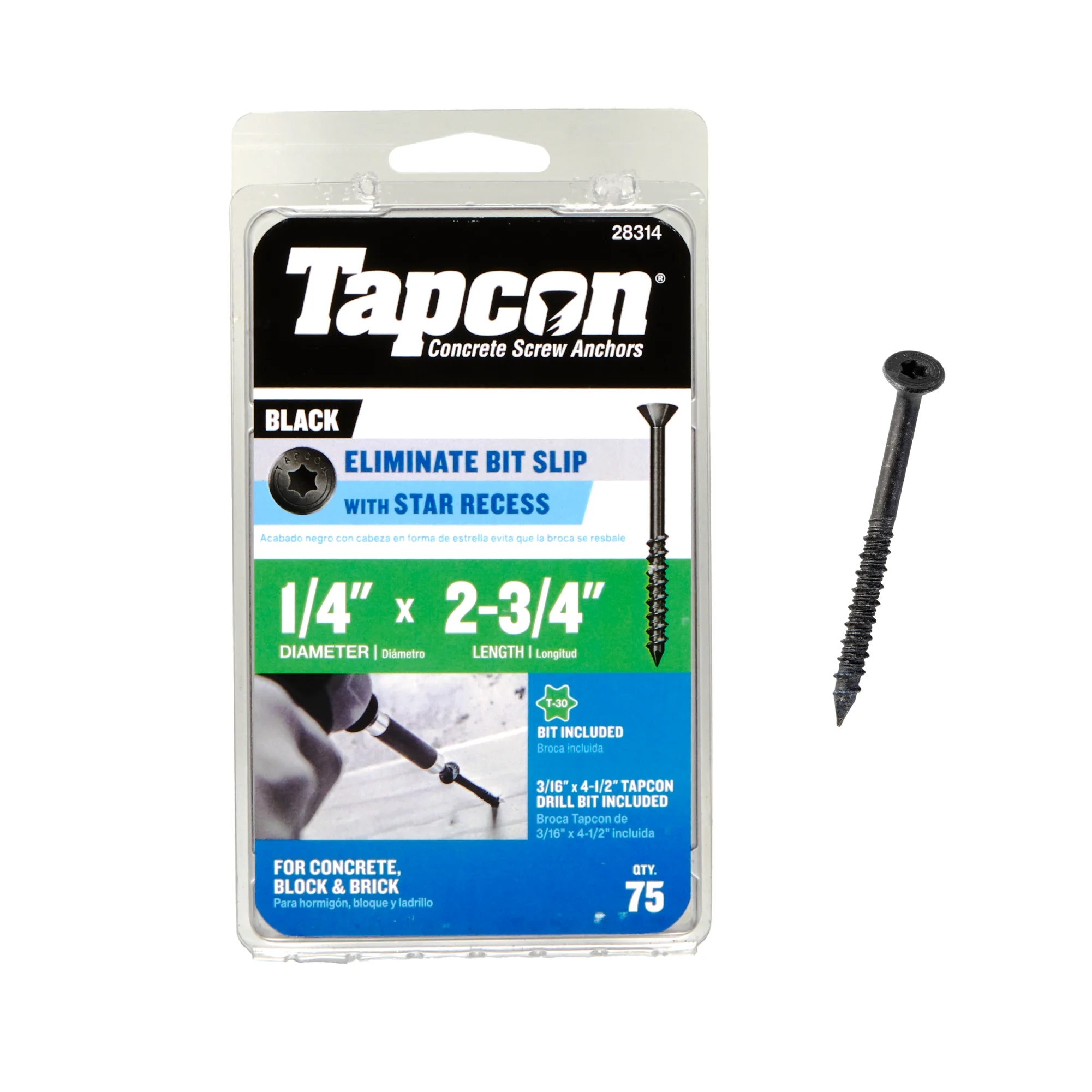 Tapcon 1/4 x 2-3/4 Inch Black Star Head Concrete Anchors, 75 PCS, Corrosion Resistant Climaseal™ Coating, Heavy-Duty Concrete and Masonry Screws, Star Drive Recess, Drill Bit Included