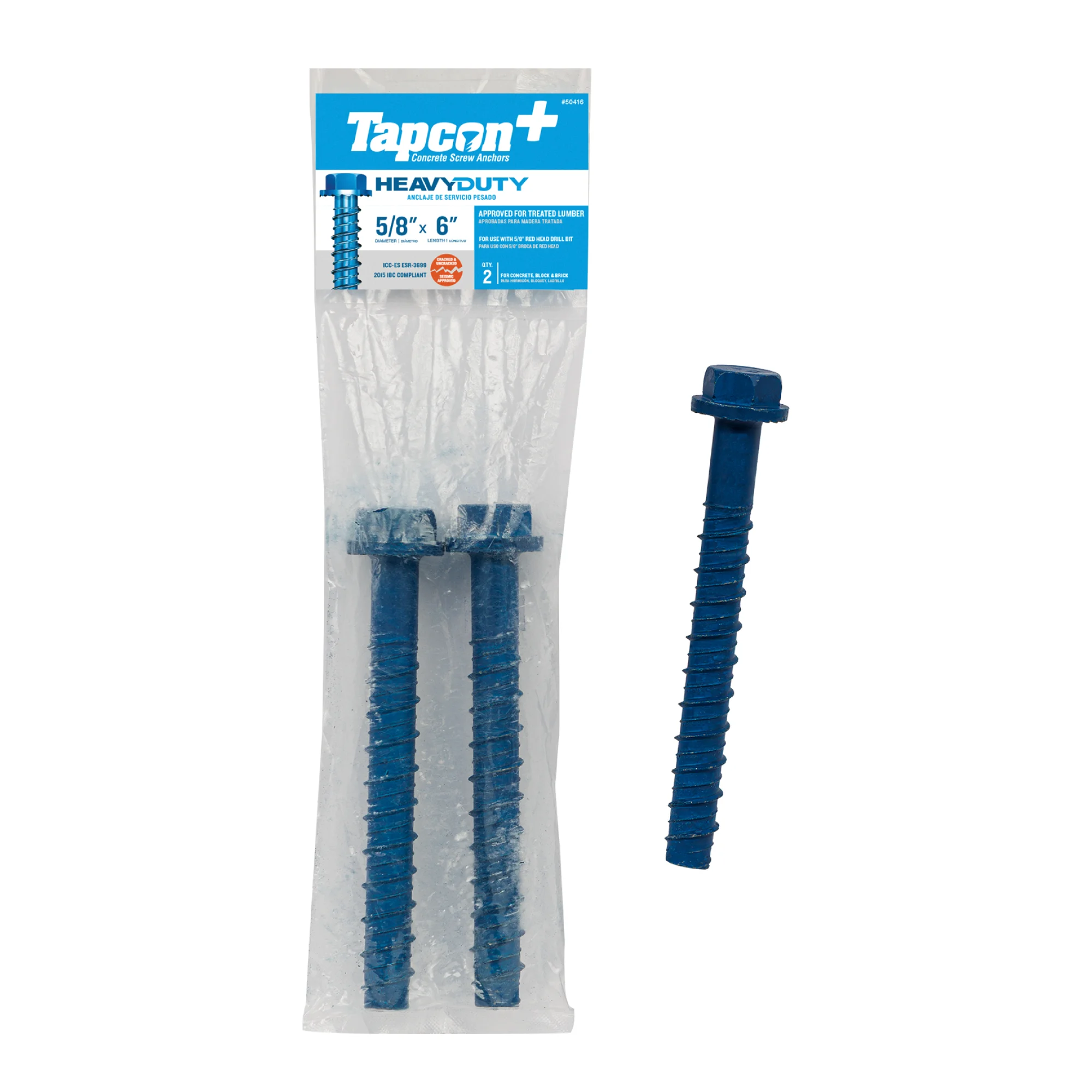 Tapcon+ 5/8 x 6 Inch Heavy-Duty Hex Head Concrete Anchors, 2 PCS, Corrosion Resistant Blue Climaseal™ Coating, Outdoor Rated Use, Concrete Block and Masonry Brick Screws, Drill Bit Sold Separately