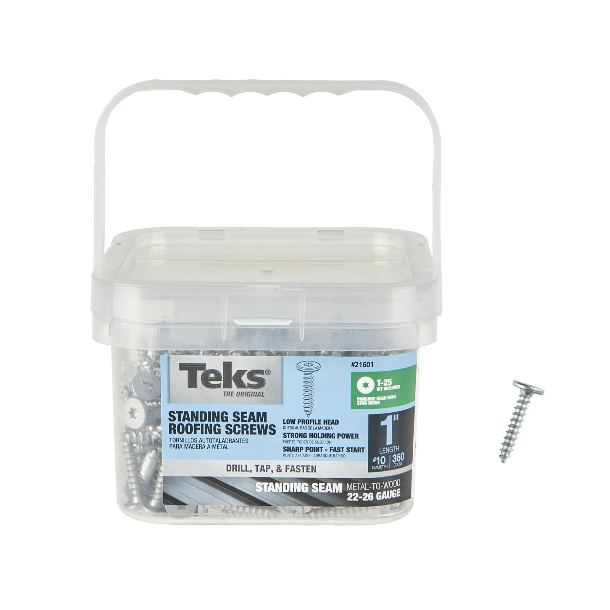 Teks #10 x 1 Inch Standing Seam Panel Roofing Screws, 360 PCS, for Flanged & Clip Systems, Low Profile Flat Pancake Head, Sharp Point Tip, Star Drive Recess, T-25 Bit Included, Zinc Coated Steel