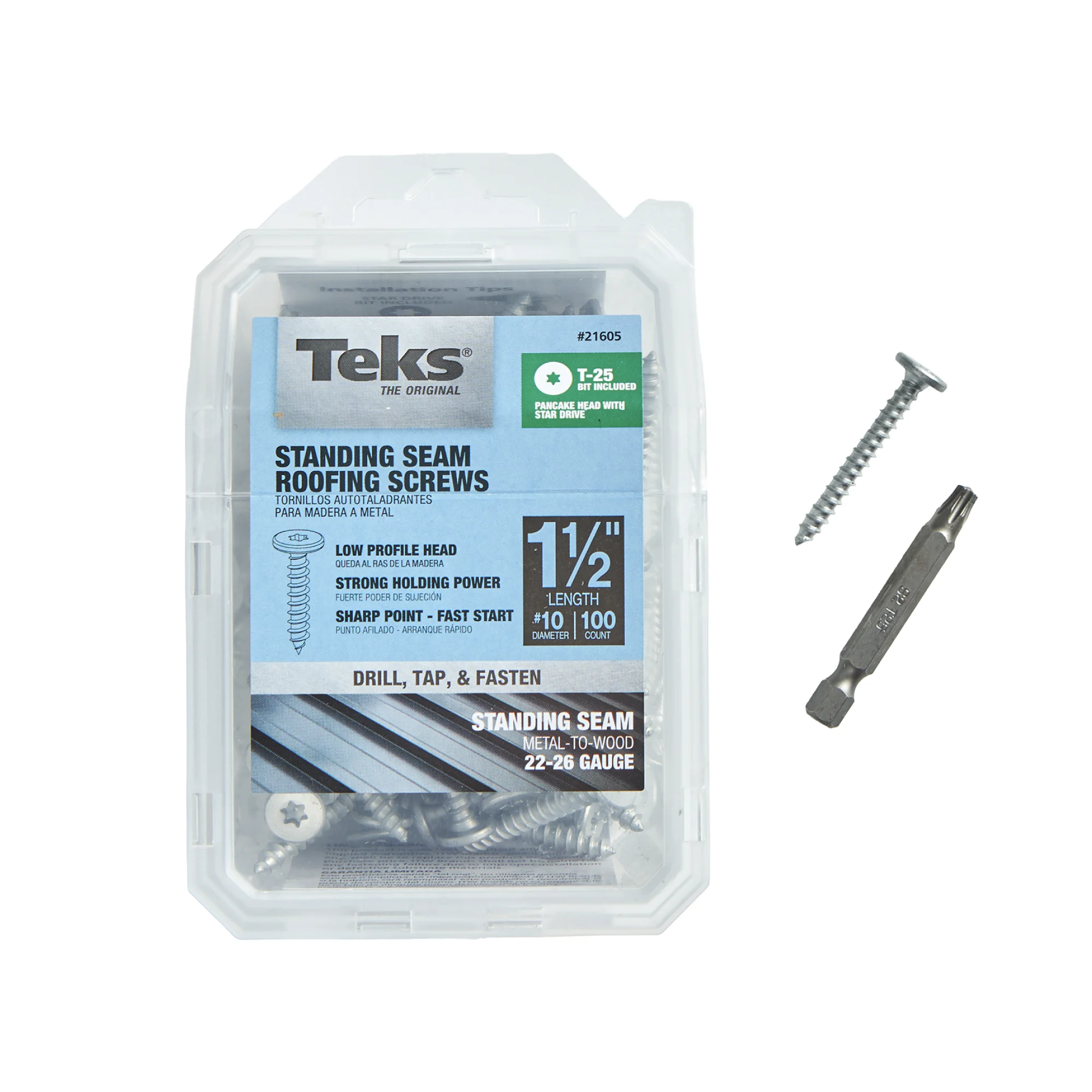 Teks #10 x 1-1/2 Inch Standing Seam Panel Roofing Screws, 100 PCS, for Flanged & Clip Systems, Low Profile Flat Pancake Head, Sharp Point Tip, Star Drive Recess, T-25 Bit Included, Zinc Coated Steel