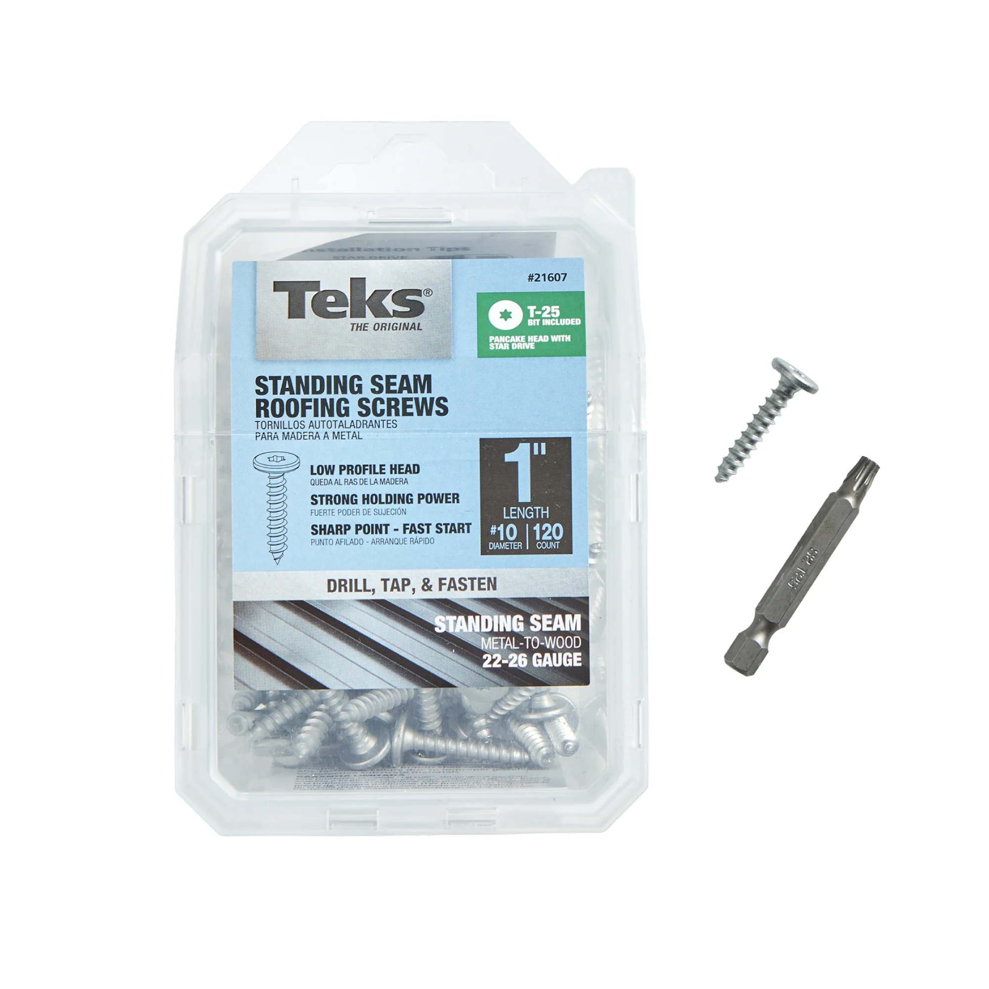 Teks #10 x 1 Inch Standing Seam Panel Roofing Screws, 120 PCS, for Flanged & Clip Systems, Low Profile Flat Pancake Head, Sharp Point Tip, Star Drive Recess, T-25 Bit Included, Zinc Coated Steel