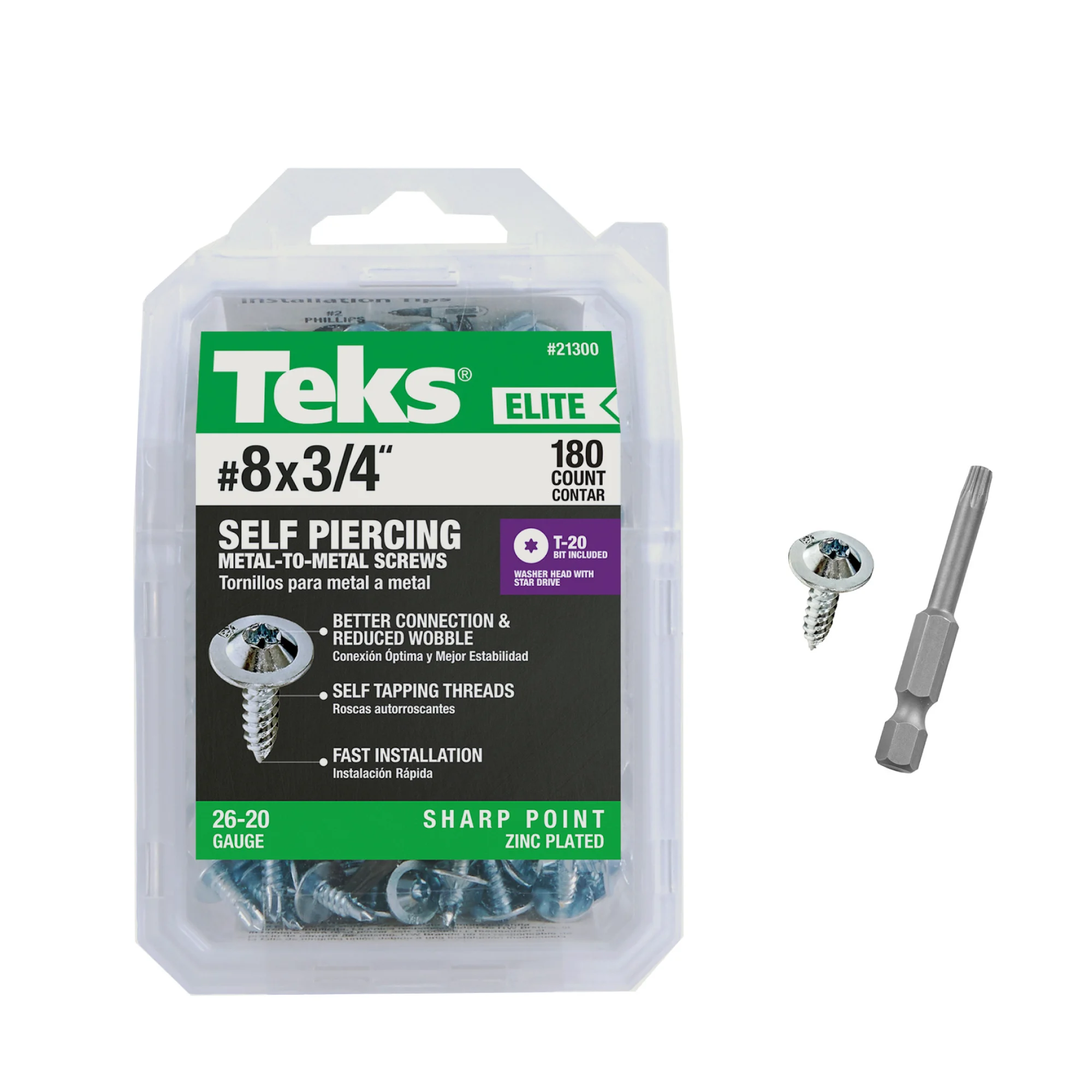 Teks Elite #8 x 3/4 Inch Metal-to-Metal Screws, 180 PCS, Premium Fastener for Electrical Accessories & HVAC, Low Profile Head, Sharp Point Tip, Star Drive Recess, T-20 Bit Included, Zinc Plated