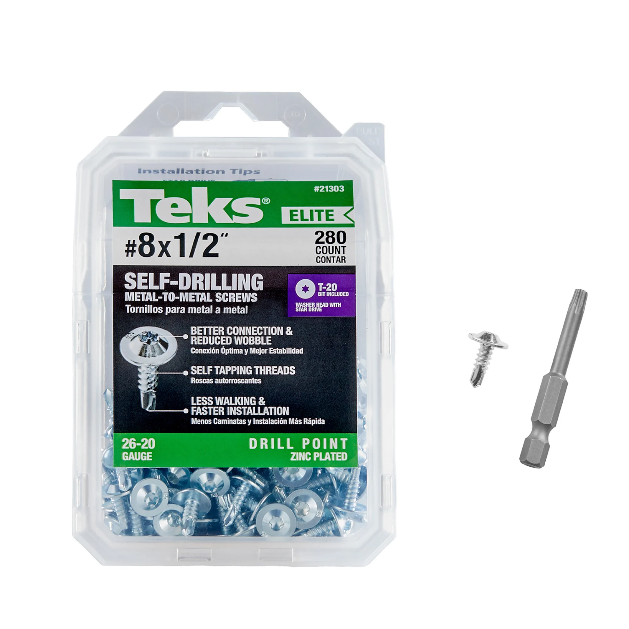 Teks Elite #8 x 1/2 Inch Metal-to-Metal Screws, 240 PCS, Premium Fastener for Electrical Accessories & HVAC, Low Profile Head, Drill Point Tip, Star Drive Recess, T-20 Bit Included, Zinc Plated