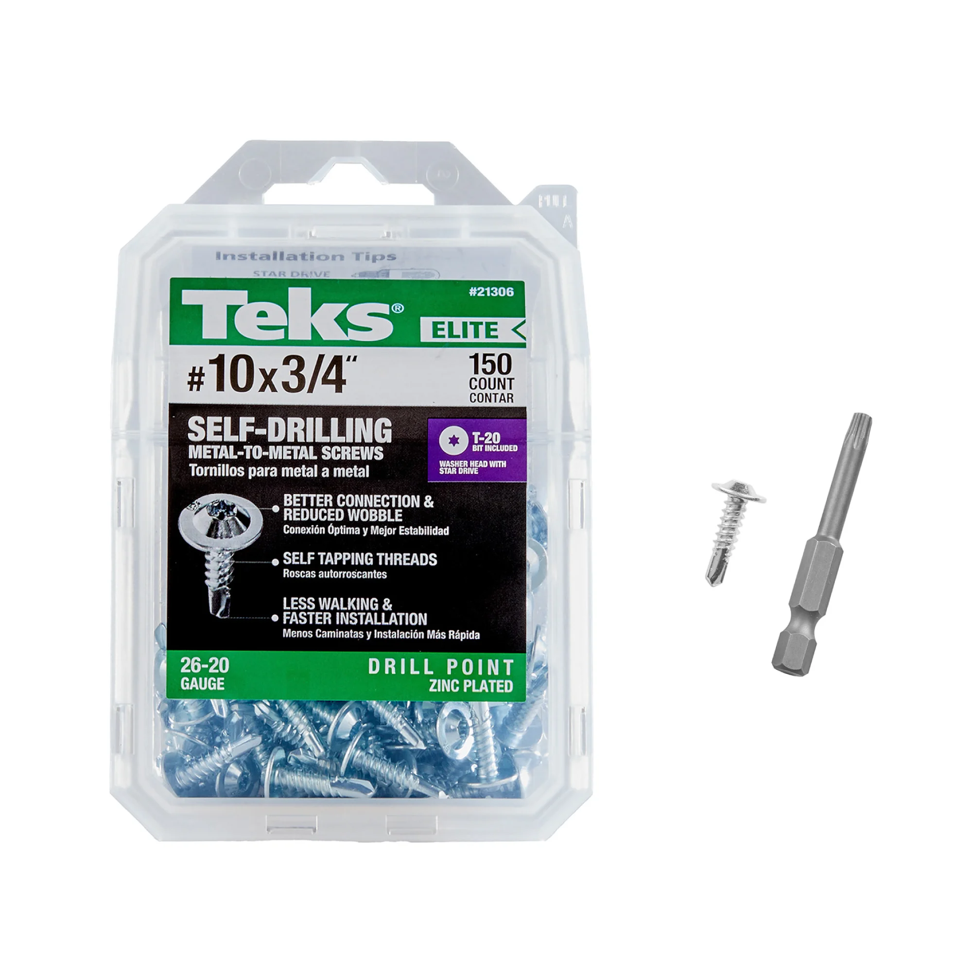 Teks Elite #10 x 3/4 Inch Metal-to-Metal Screws, 150 PCS, Premium Fastener for Electrical Accessories & HVAC, Low Profile Head, Drill Point Tip, Star Drive Recess, T-20 Bit Included, Zinc Plated