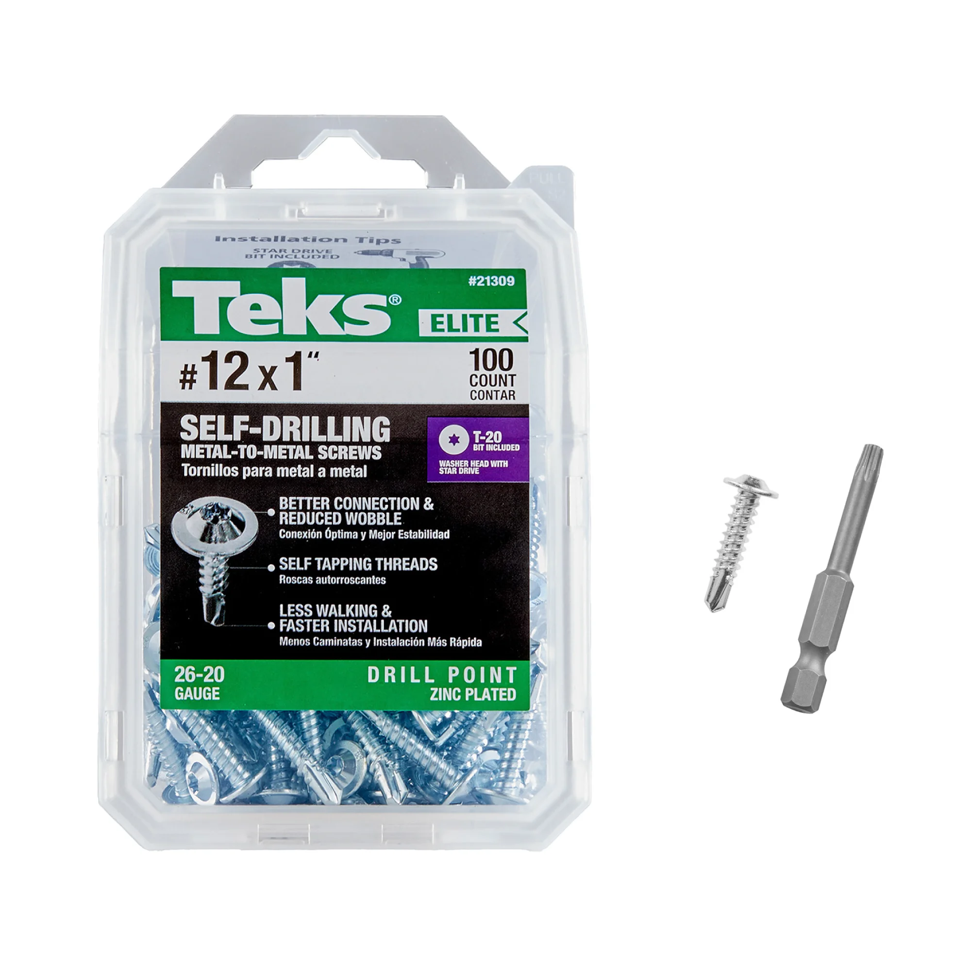 Teks Elite #12 x 1 Inch Metal-to-Metal Screws, 100 PCS, Premium Fastener for Electrical Accessories & HVAC, Low Profile Head, Drill Point Tip, Star Drive Recess, T-20 Bit Included, Zinc Plated